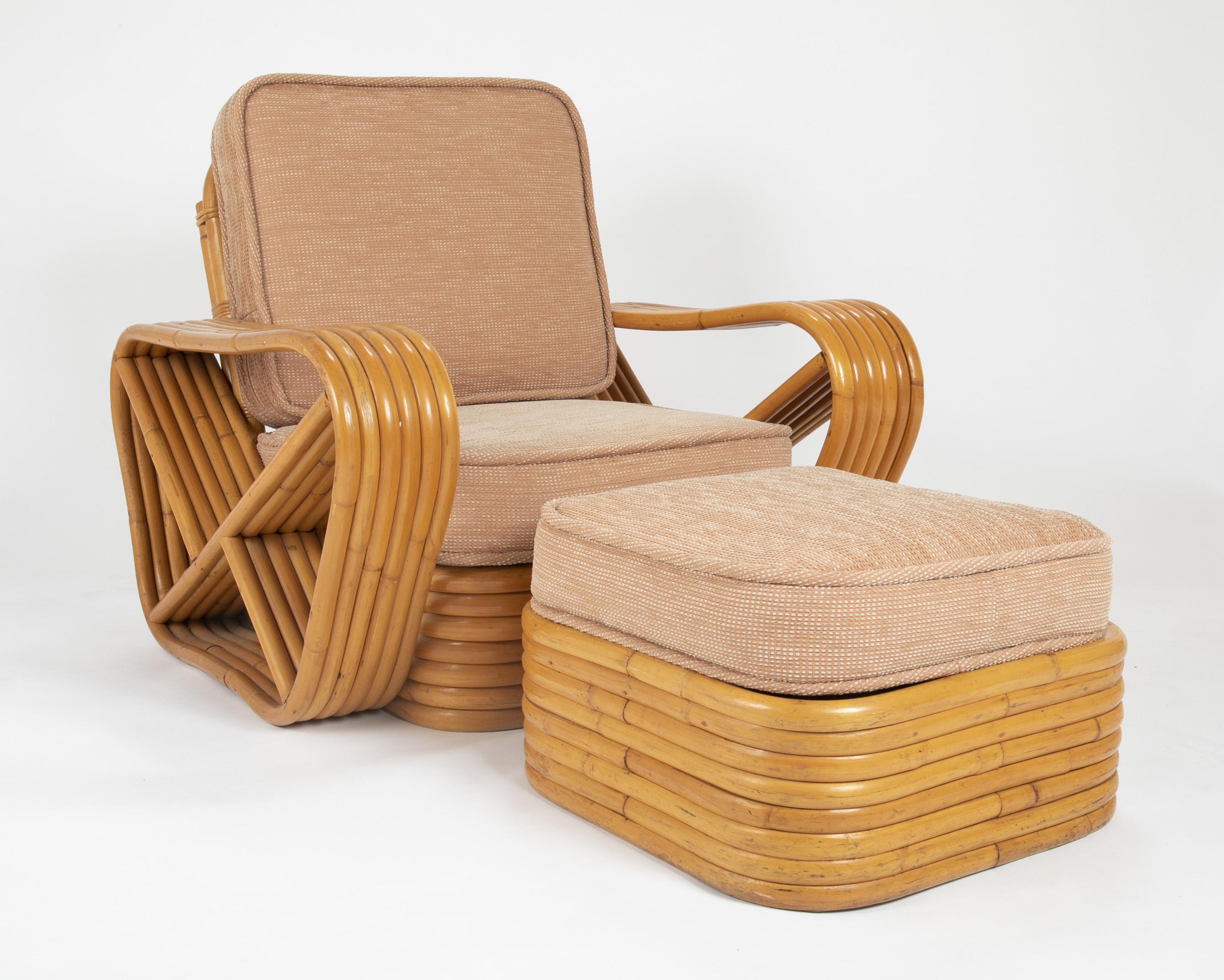 Asian Pair of Paul Frankl Style Rattan Armchairs with Ottomans