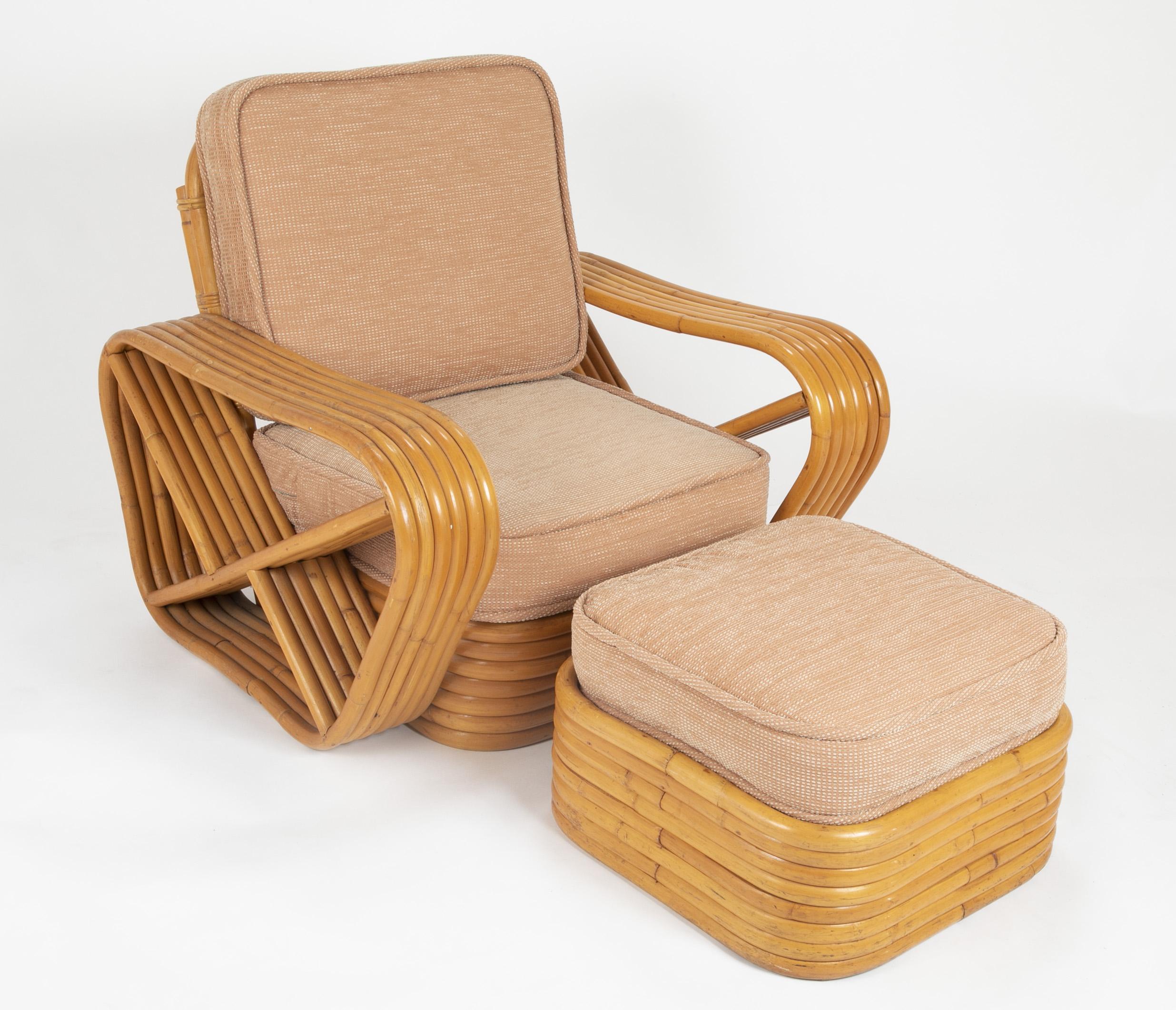 Pair of Paul Frankl Style Rattan Armchairs with Ottomans In Good Condition In Stamford, CT