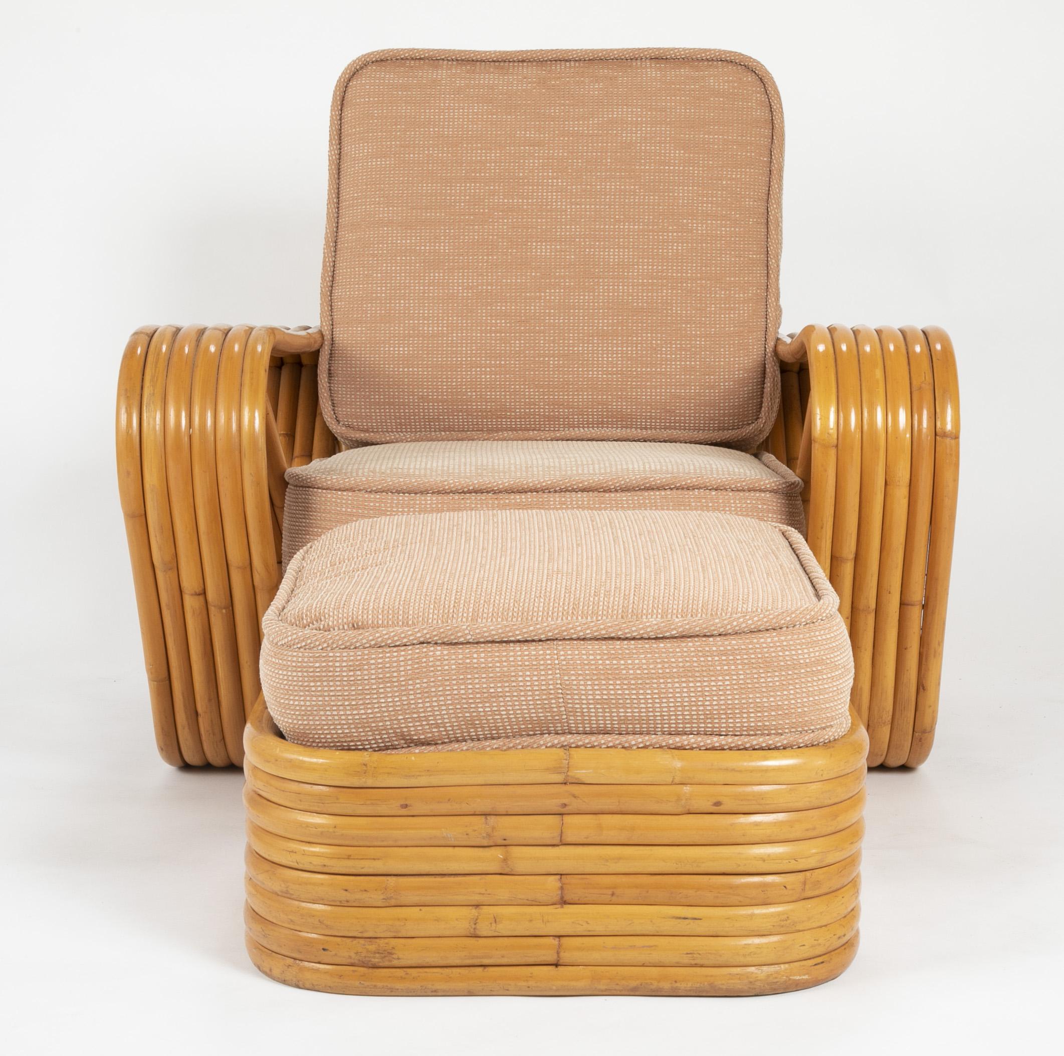 Mid-20th Century Pair of Paul Frankl Style Rattan Armchairs with Ottomans