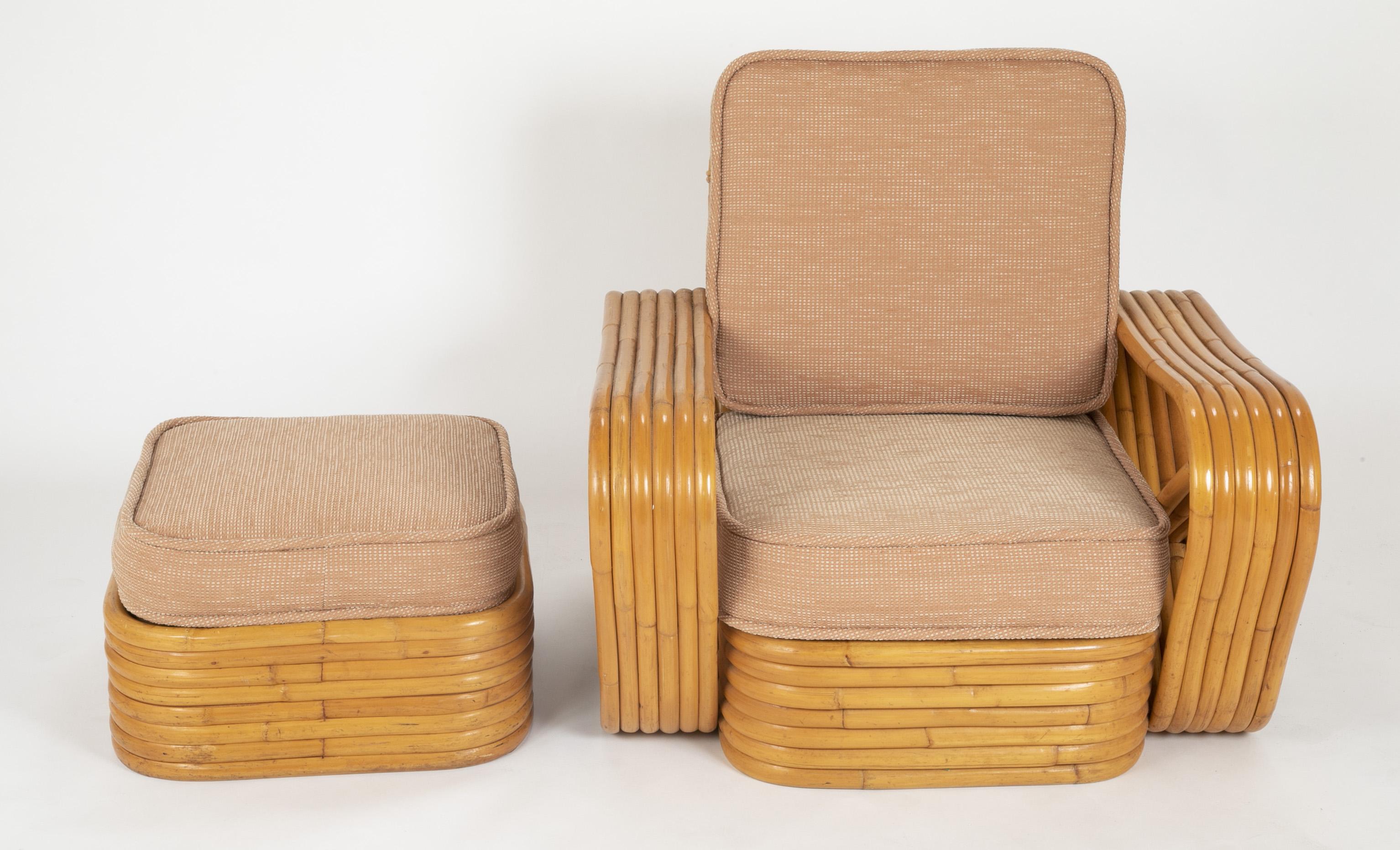 Pair of Paul Frankl Style Rattan Armchairs with Ottomans 2