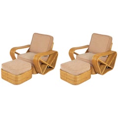 Pair of Paul Frankl Style Rattan Armchairs with Ottomans