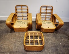 Pair of Paul Frankl Style Vintage Rattan Armchairs and Ottoman