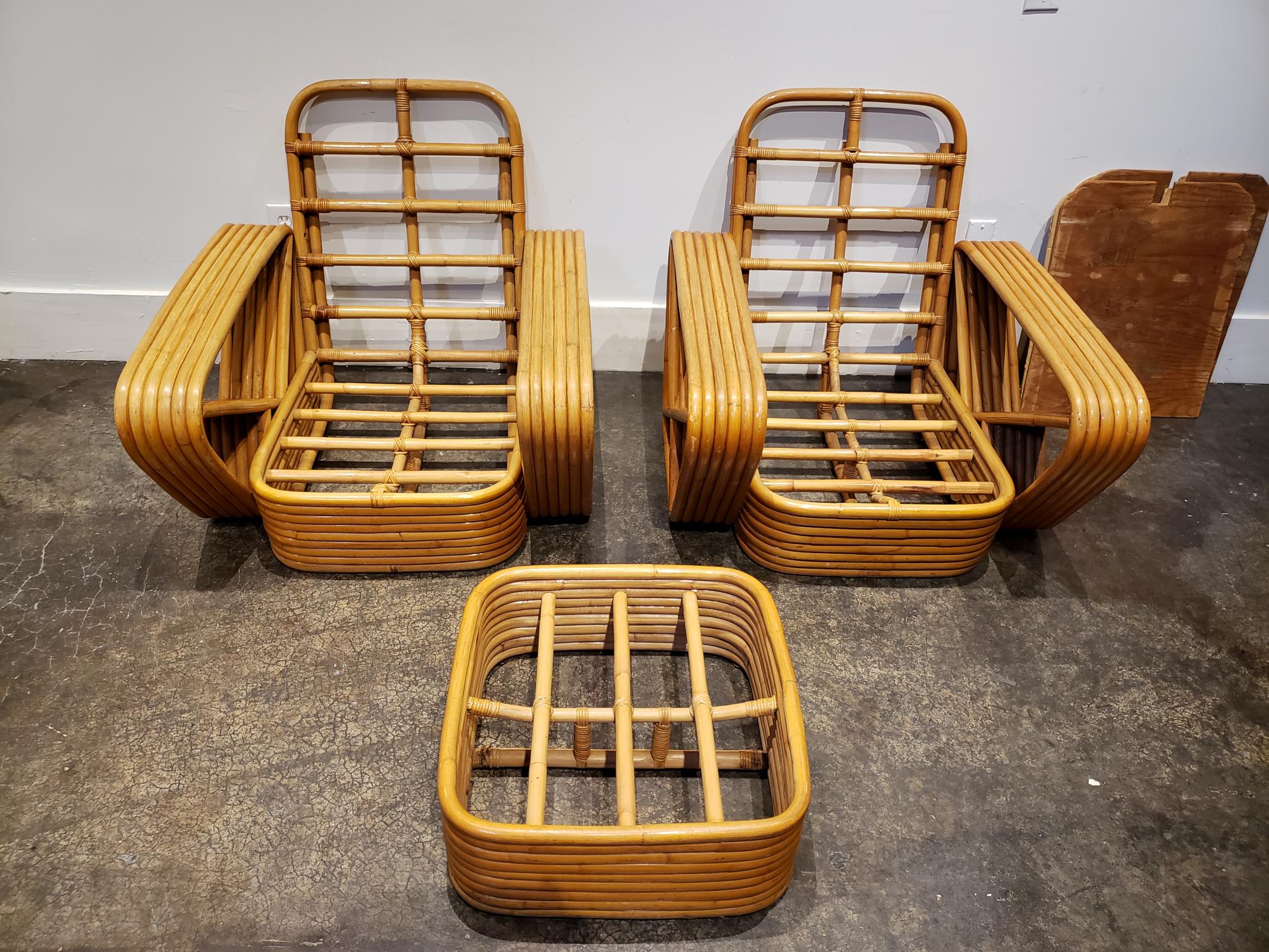 Hollywood Regency Pair of Paul Frankl Style Vintage Rattan Armchairs and Ottoman For Sale