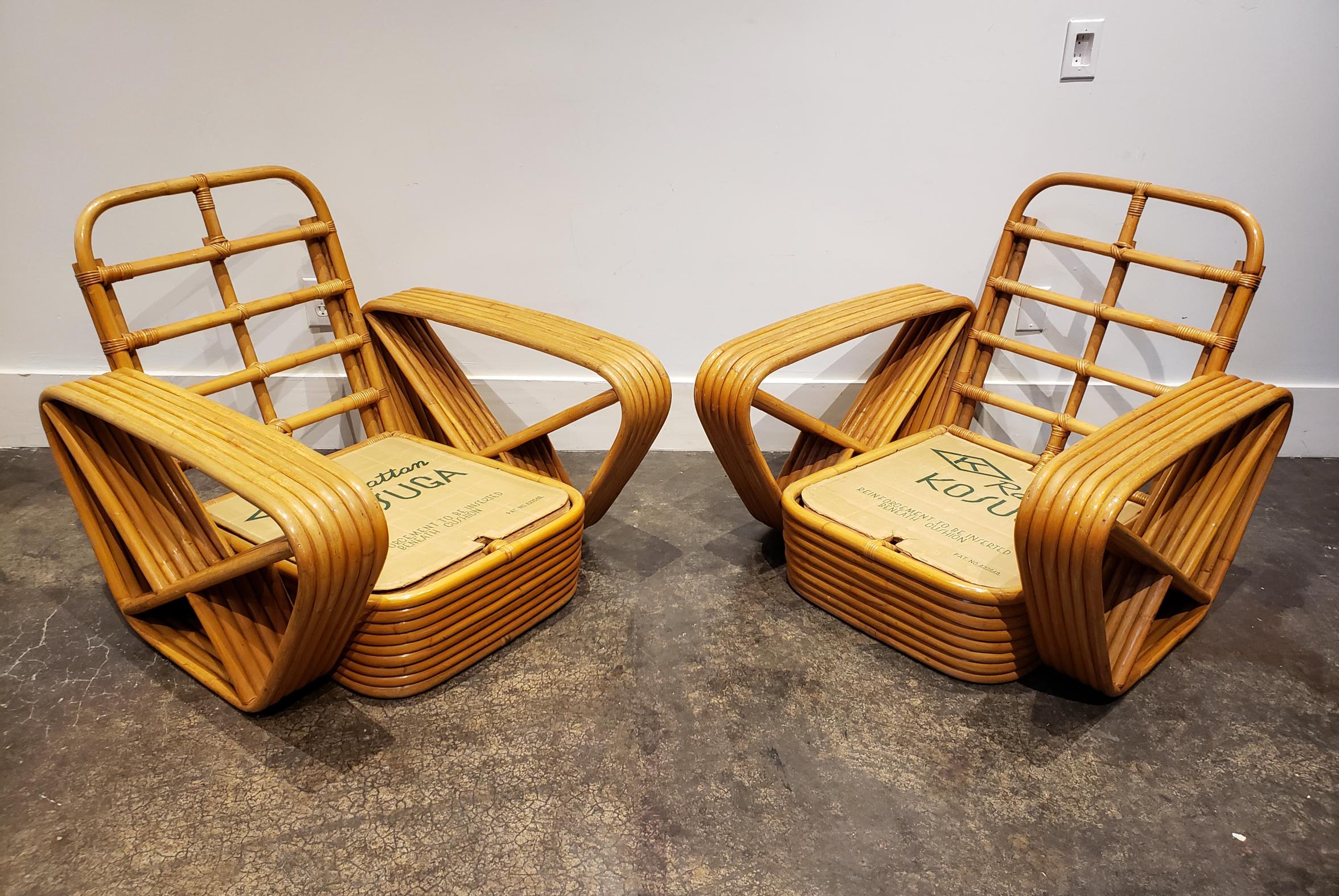 Japanese Pair of Paul Frankl Style Vintage Rattan Armchairs and Ottoman For Sale