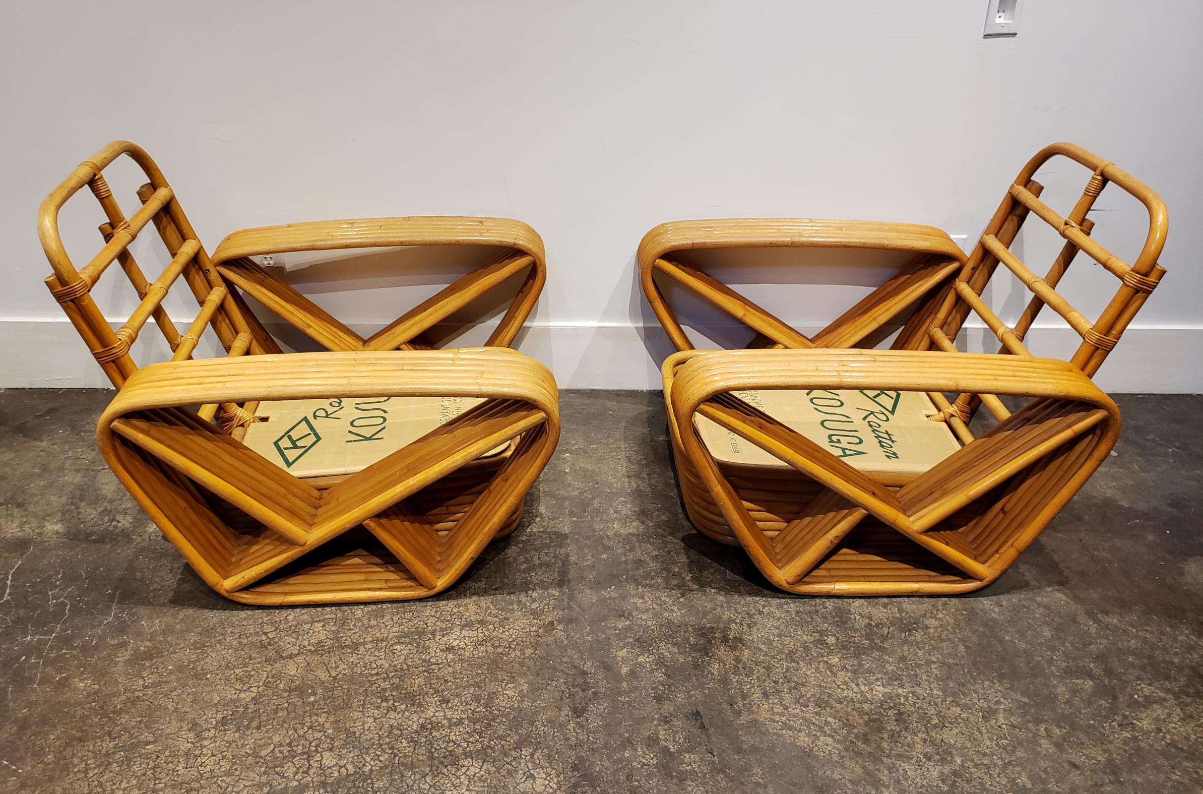Pair of Paul Frankl Style Vintage Rattan Armchairs and Ottoman In Good Condition For Sale In Dallas, TX