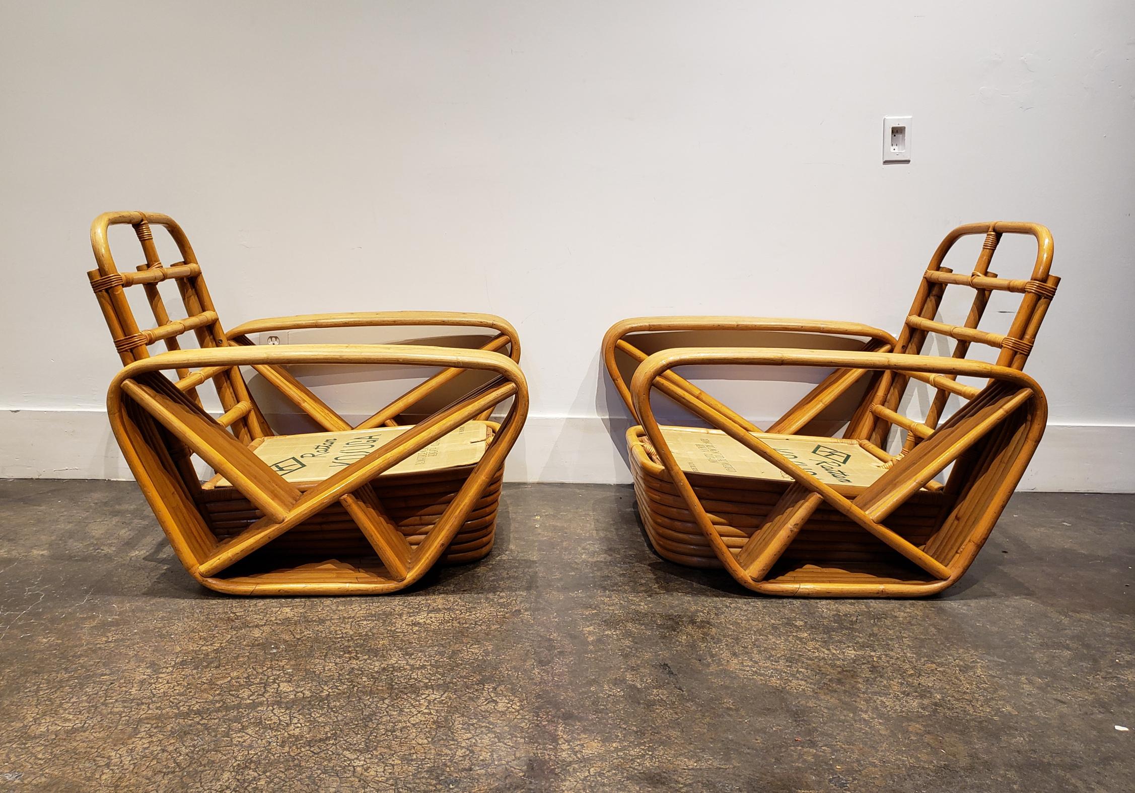 20th Century Pair of Paul Frankl Style Vintage Rattan Armchairs and Ottoman For Sale