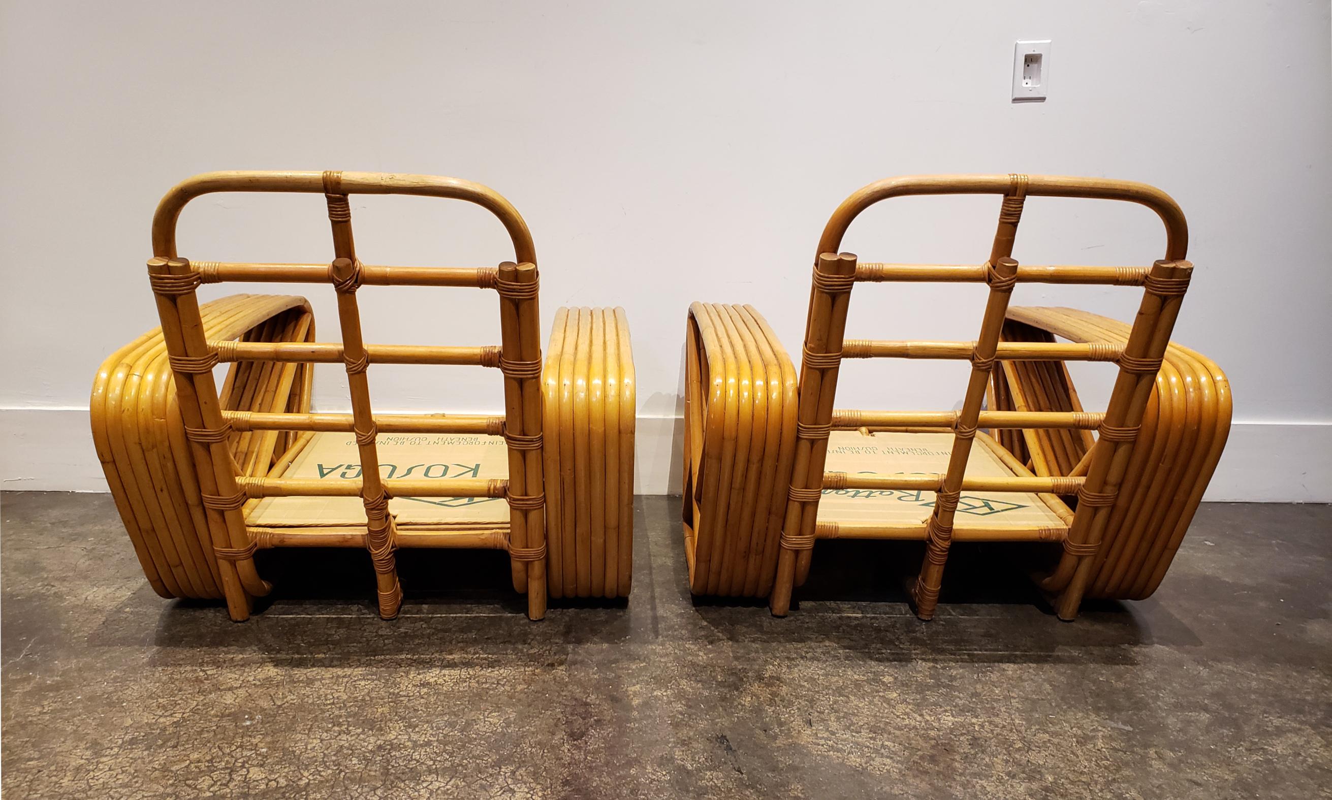 Pair of Paul Frankl Style Vintage Rattan Armchairs and Ottoman For Sale 1