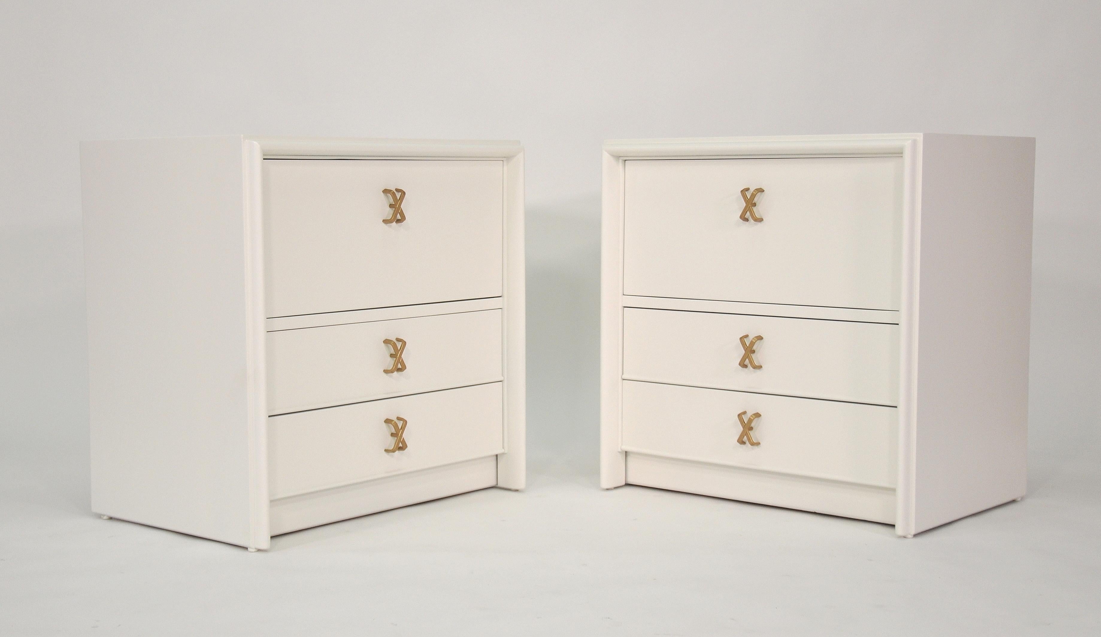 Metal Pair of Paul Frankl White Lacquered Nightstands or Side Tables