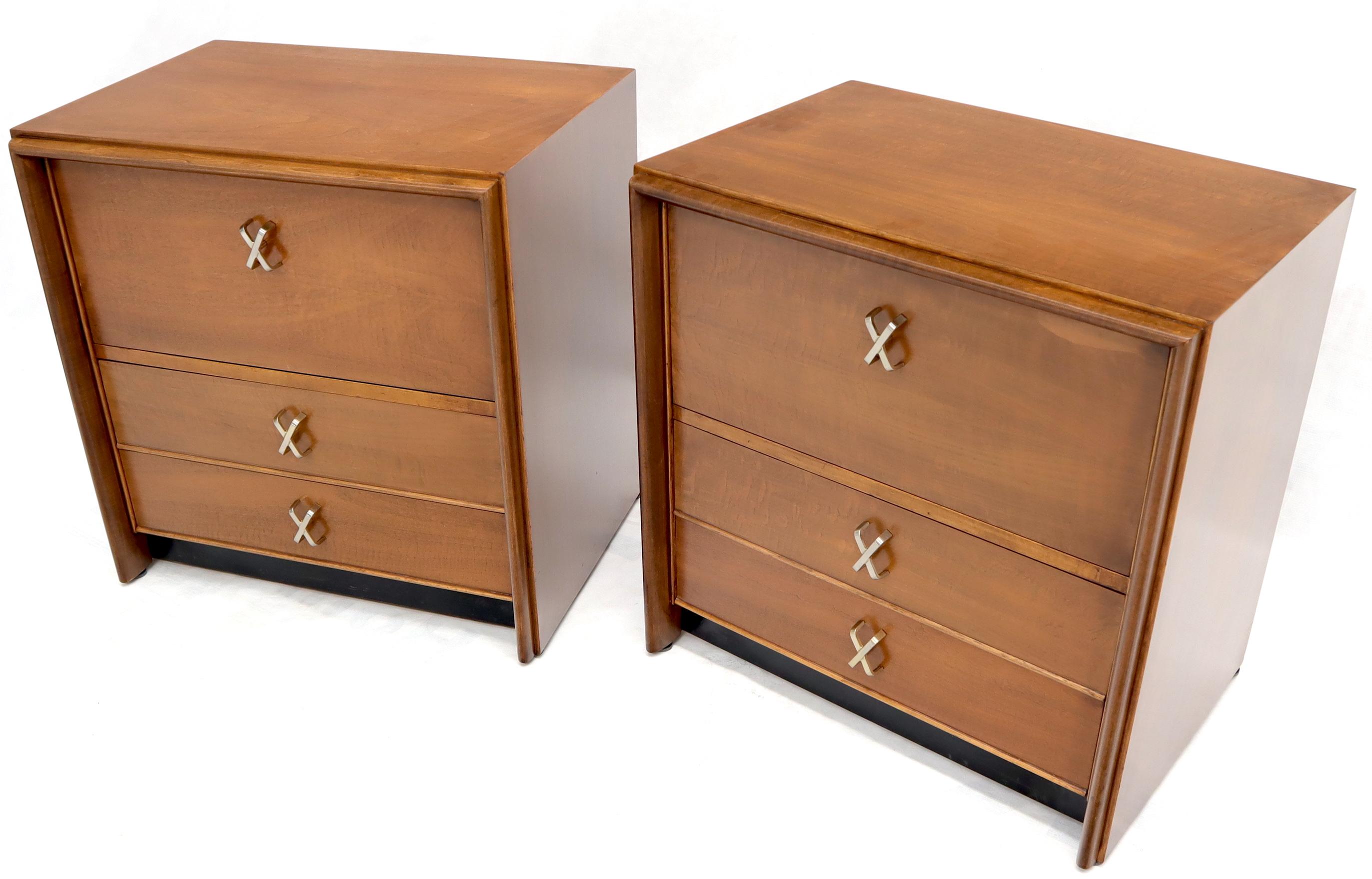Pair of Mid-Century Modern nightstands by Paul Frankl for Johnson Furniture Company.
Tan leather color finish silver X pulls.