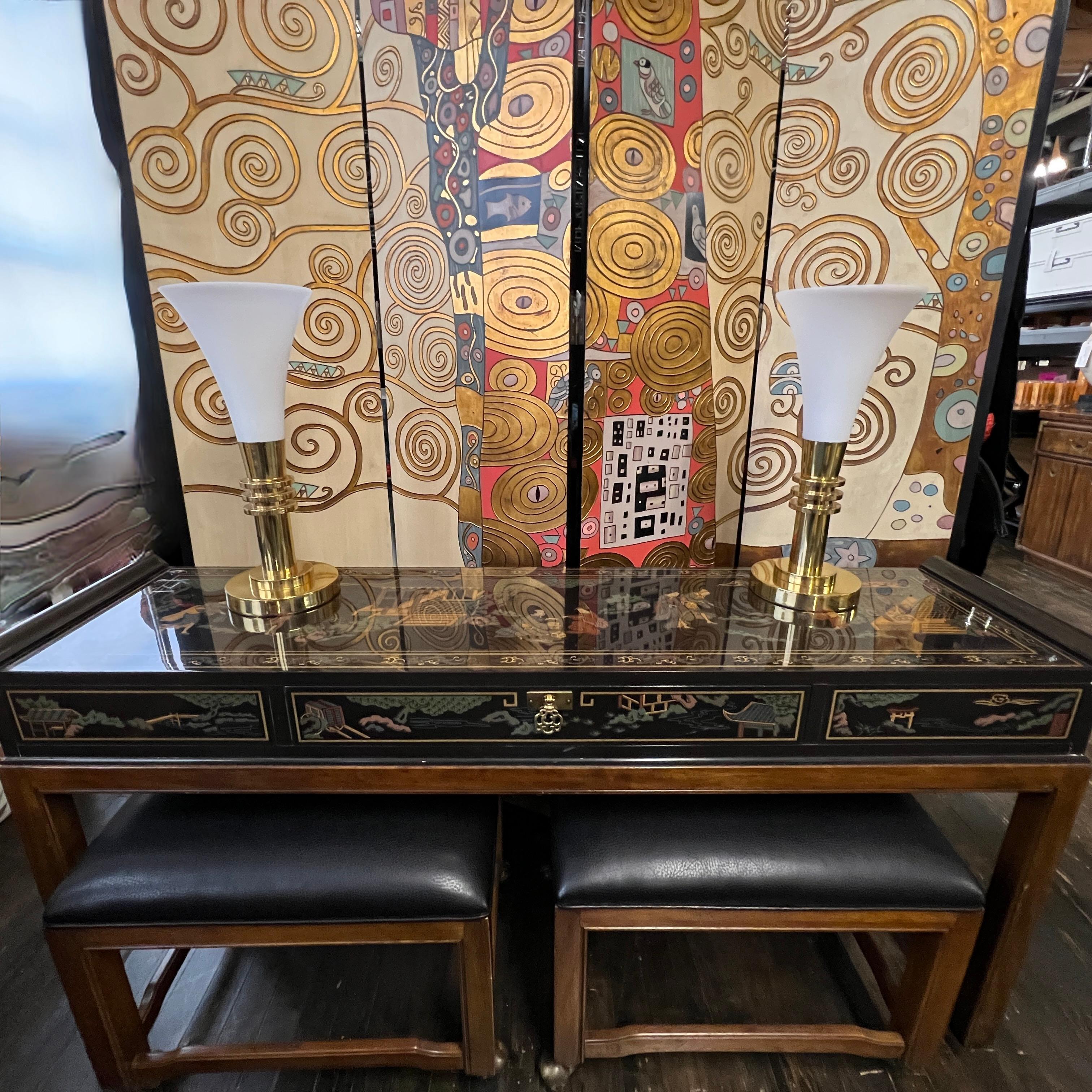 Paire de lampes de bureau torchères en laiton et verre de style Art déco Paul Hanson en vente 3