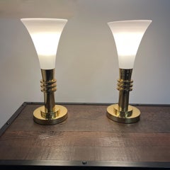 Pair of Paul Hanson Art Deco Style Brass and Glass Torchiere Table Lamps