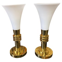 Pair of Paul Hanson Art Deco Style Brass and Glass Torchiere Table Lamps