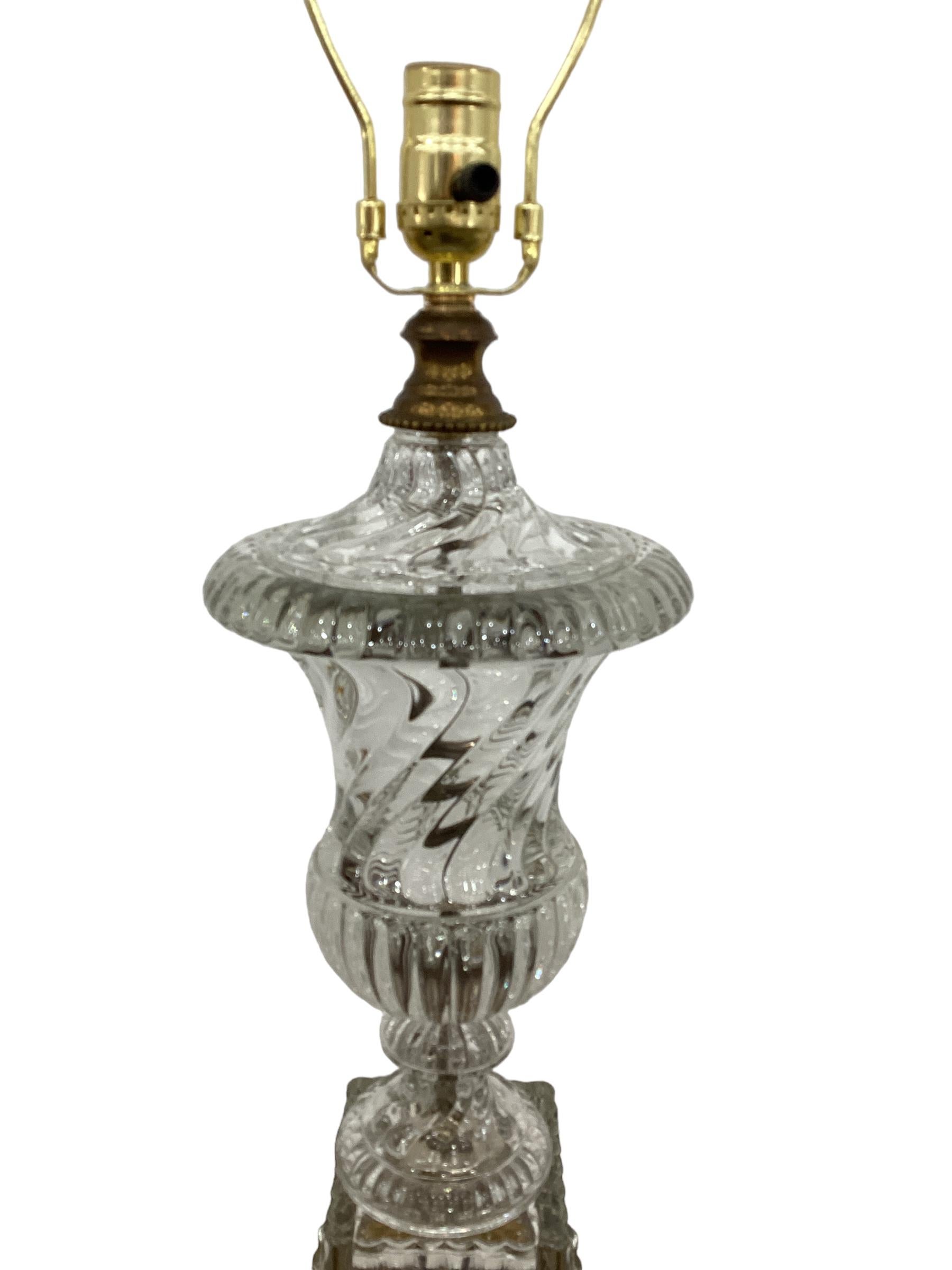 American Pair of Paul Hanson Baccarat Style Swirled Urn Glass Lamps