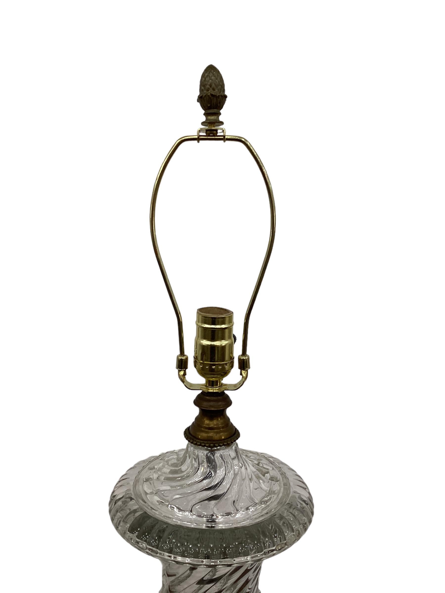 Brass Pair of Paul Hanson Baccarat Style Swirled Urn Glass Lamps