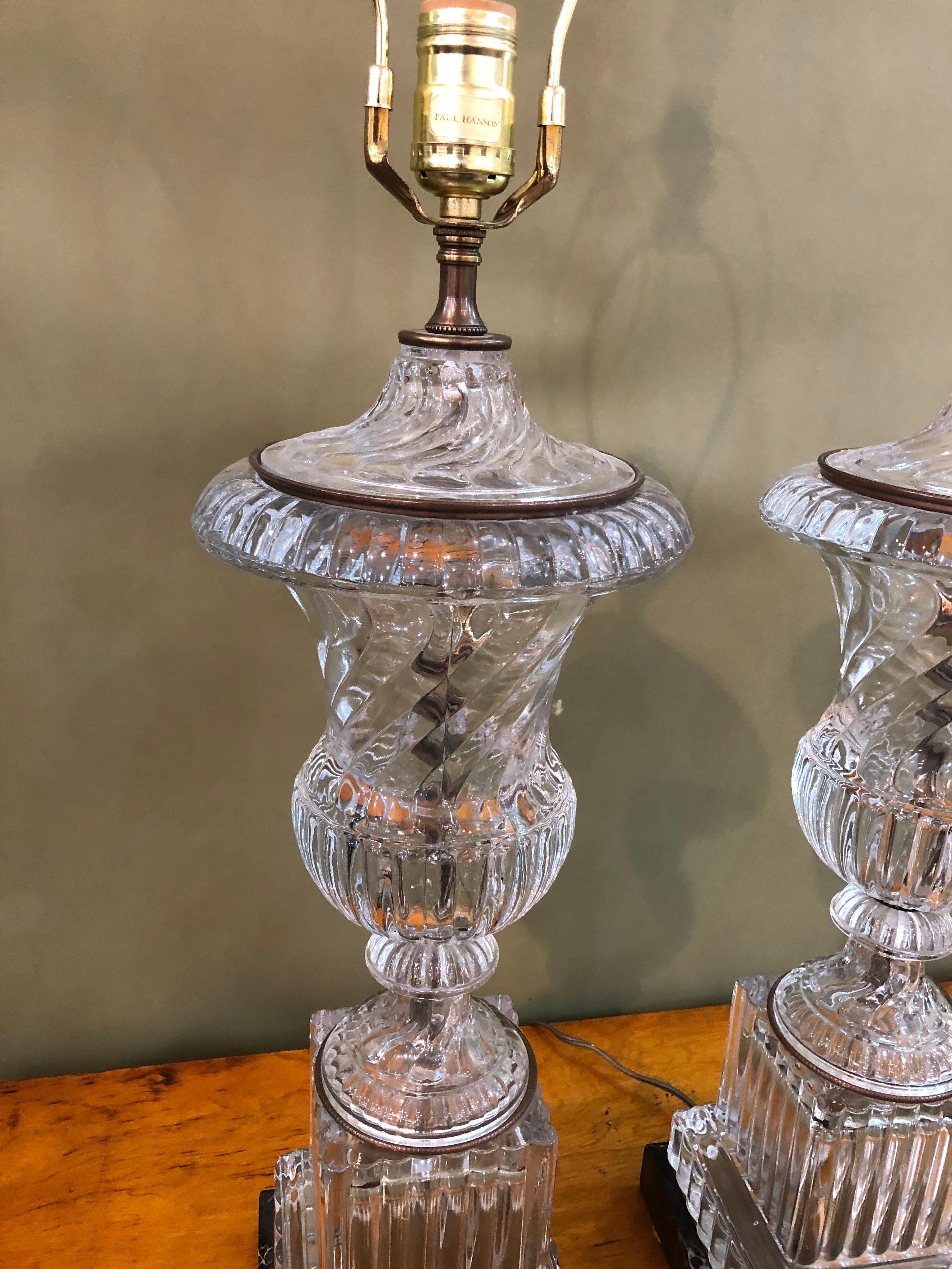Pair of Paul Hanson Baccarat Style Urn Lamps In Good Condition For Sale In Chapel Hill, NC