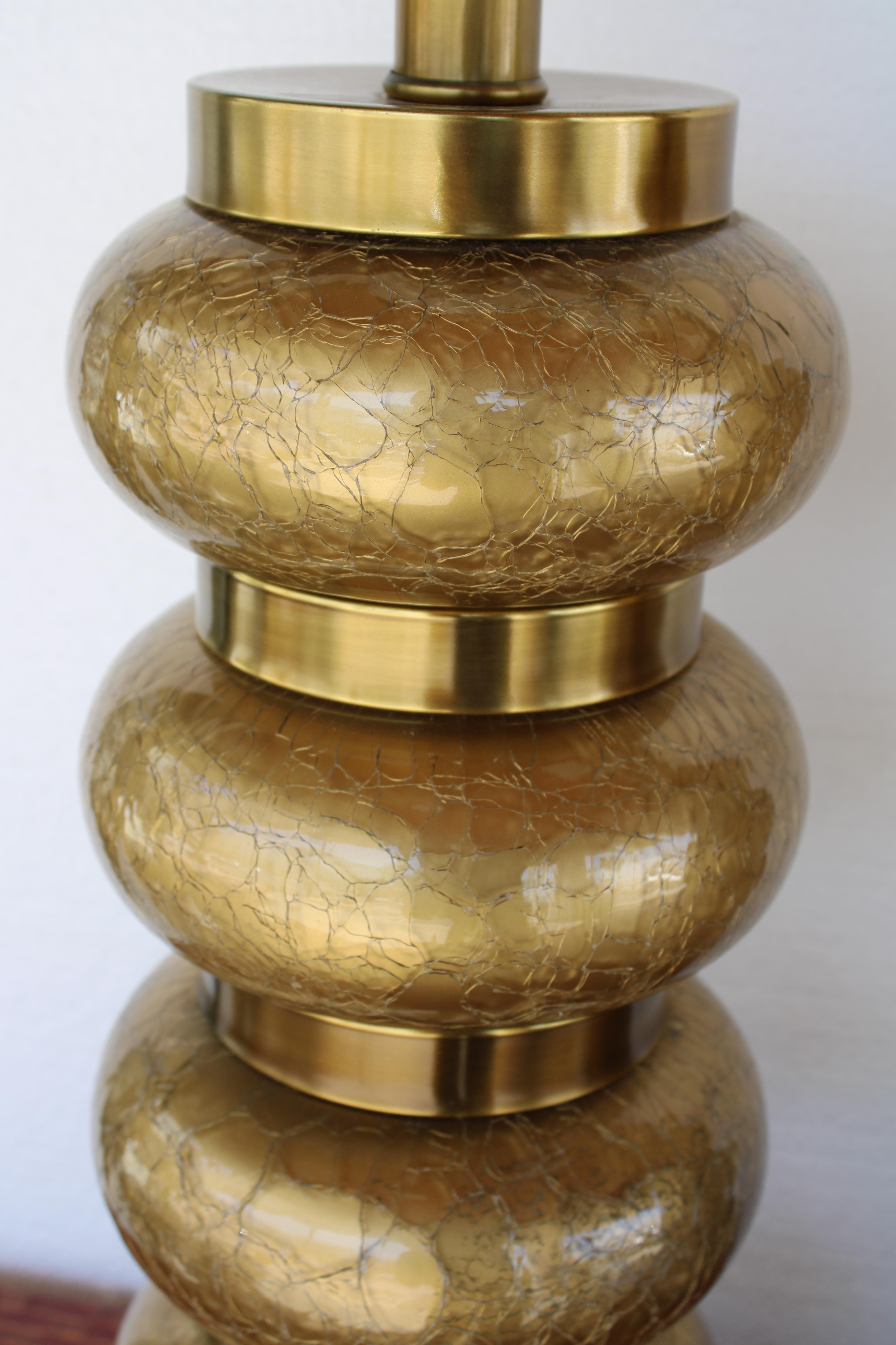American Pair of Paul Hanson Crackle Glass and Brass Table Lamps For Sale