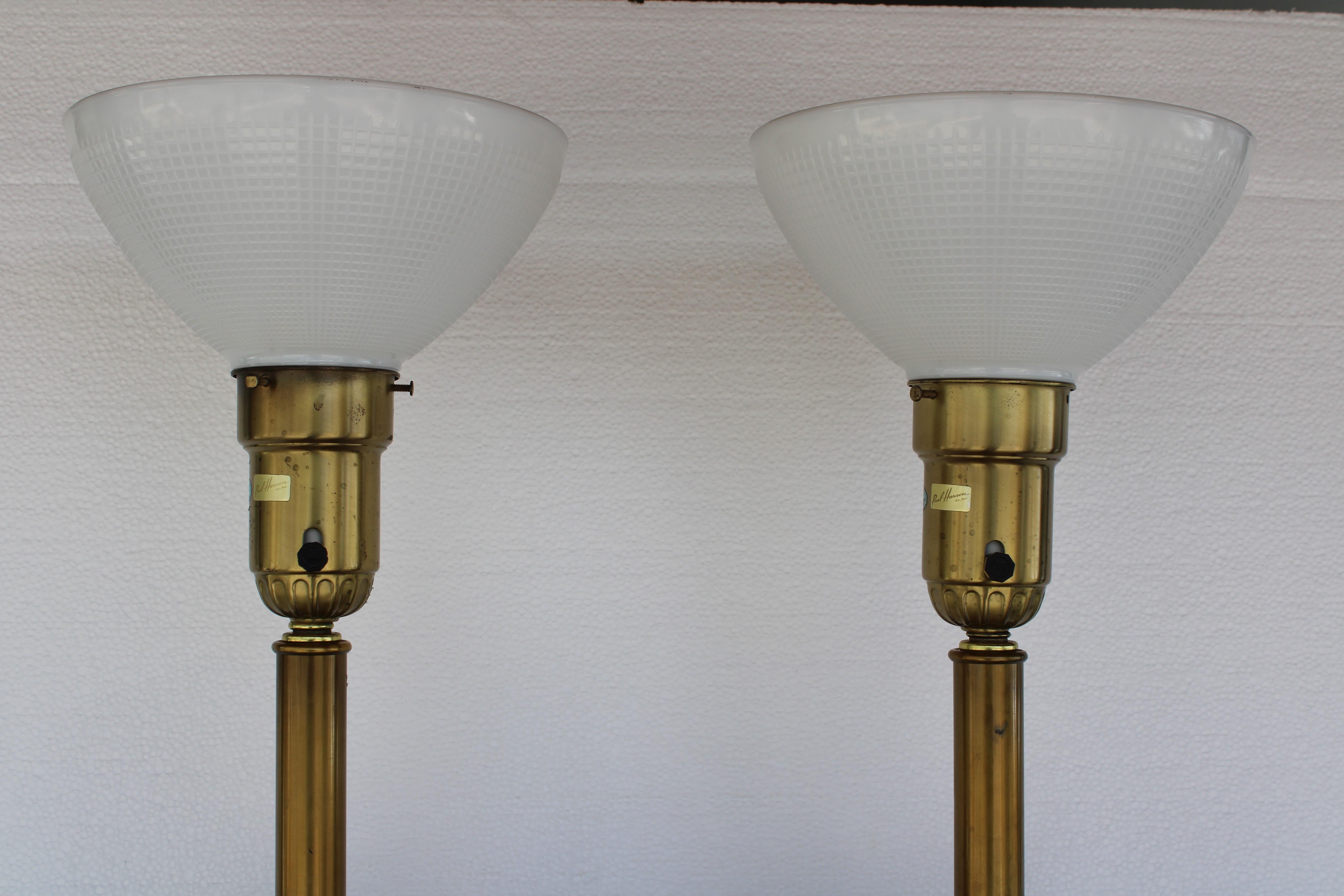 Pair of Paul Hanson Crackle Glass and Brass Table Lamps In Good Condition For Sale In Palm Springs, CA