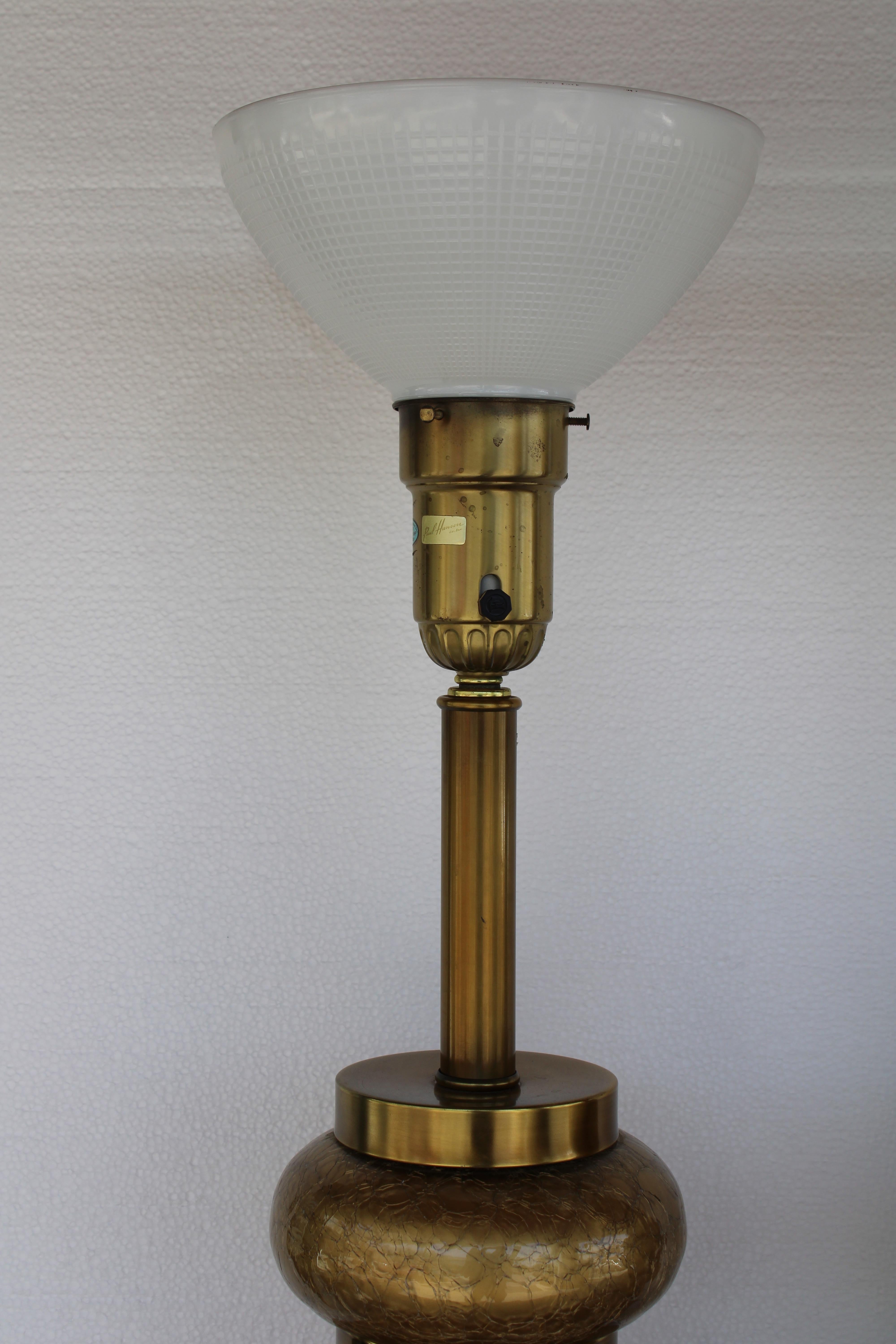 Mid-20th Century Pair of Paul Hanson Crackle Glass and Brass Table Lamps For Sale