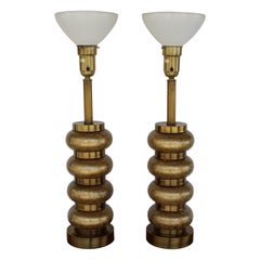 Pair of Paul Hanson Crackle Glass and Brass Table Lamps