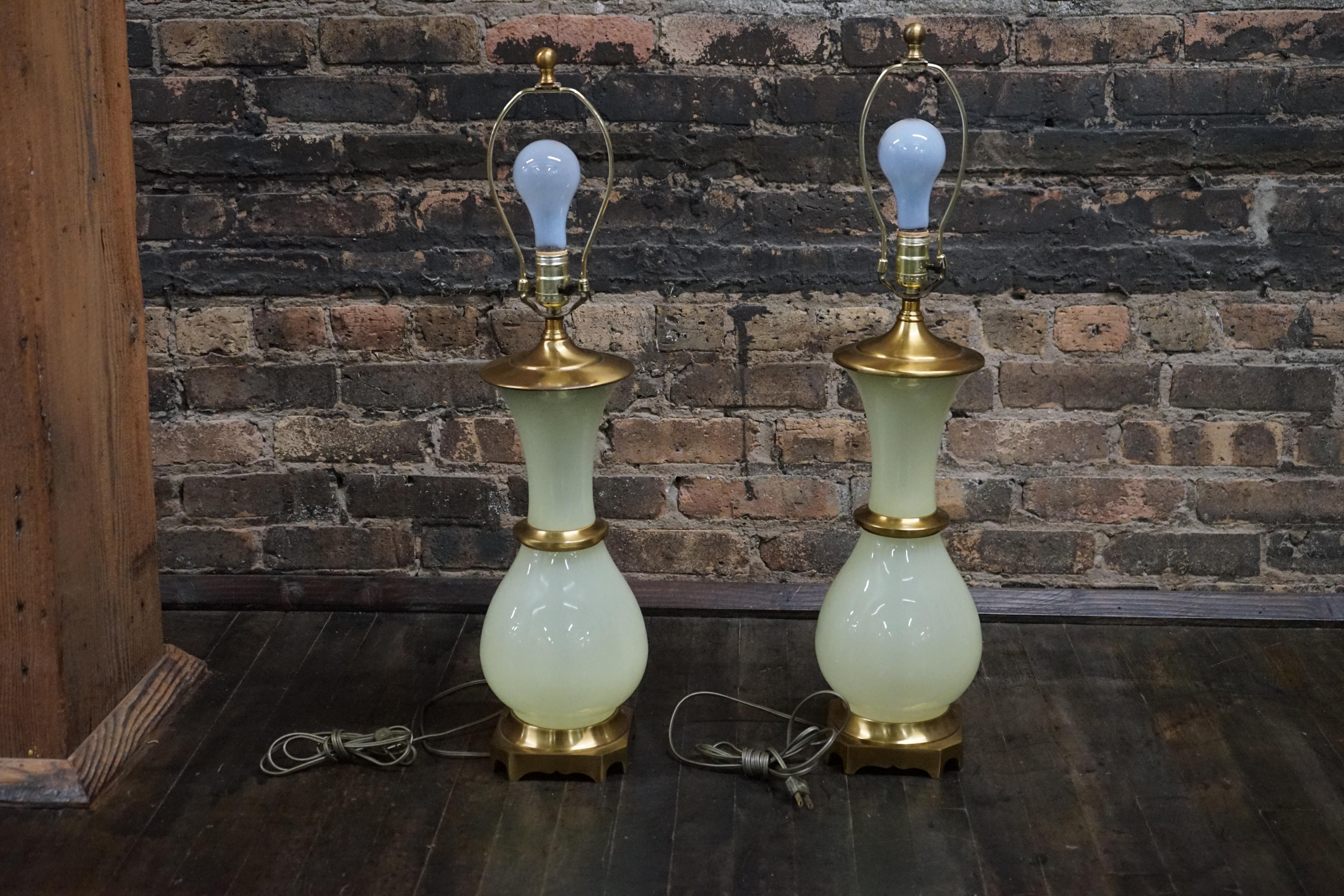 American Pair of Paul Hanson Hollywood Regency Style Bronze Mounted Vaseline Glass Lamps For Sale