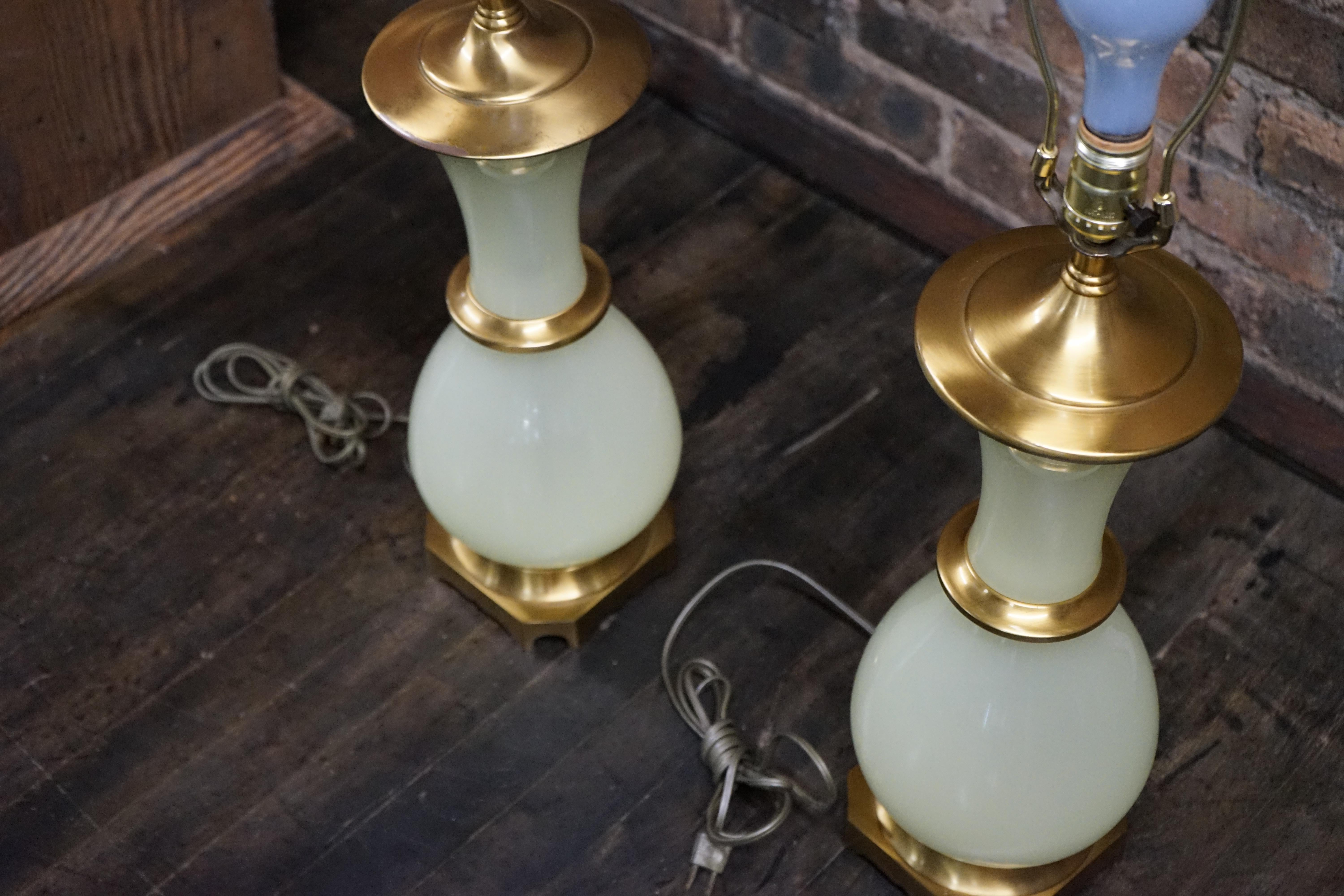 Pair of Paul Hanson Hollywood Regency Style Bronze Mounted Vaseline Glass Lamps In Good Condition For Sale In Chicago, IL