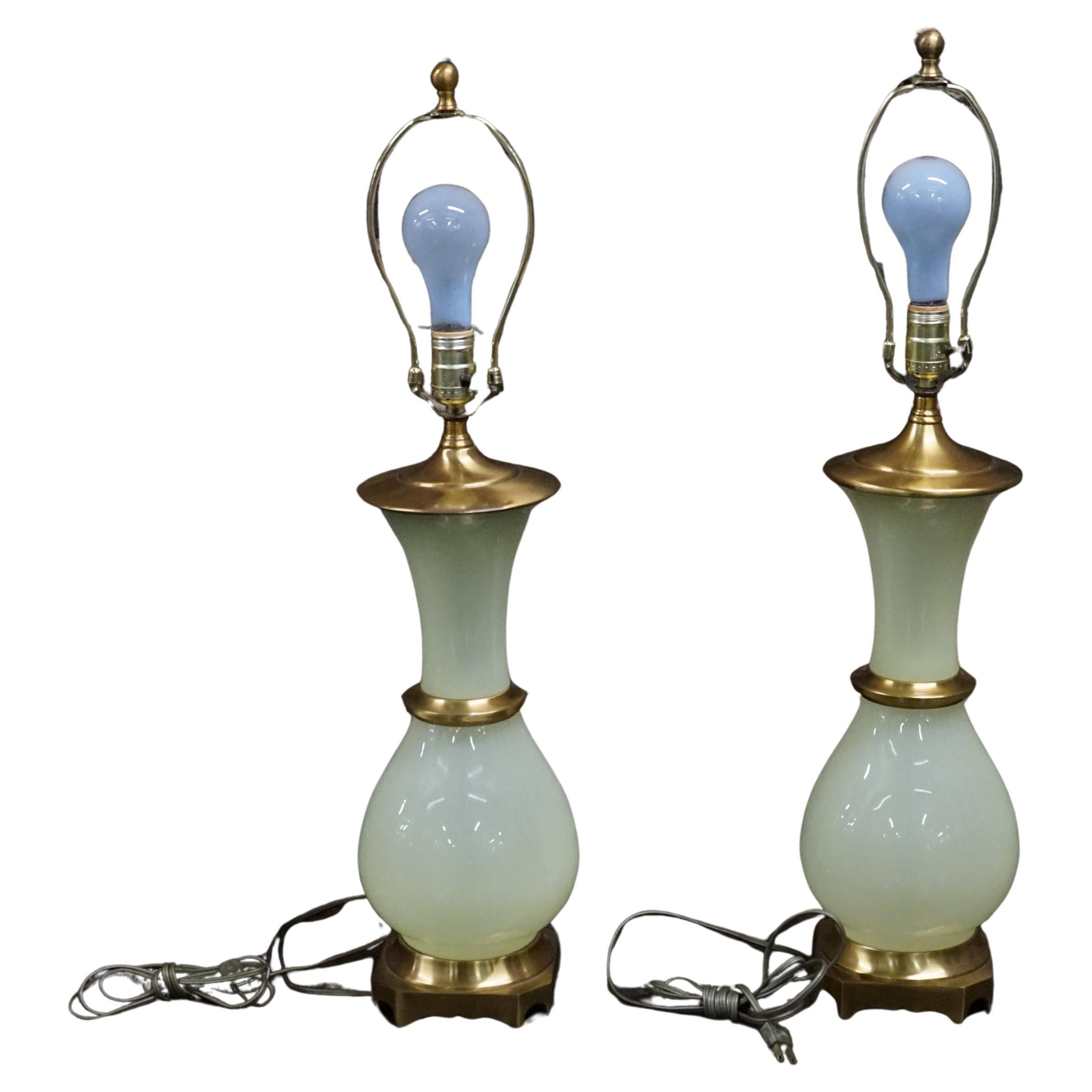 Pair of Paul Hanson Hollywood Regency Style Bronze Mounted Vaseline Glass Lamps For Sale