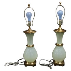 Pair of Paul Hanson Hollywood Regency Style Bronze Mounted Vaseline Glass Lamps
