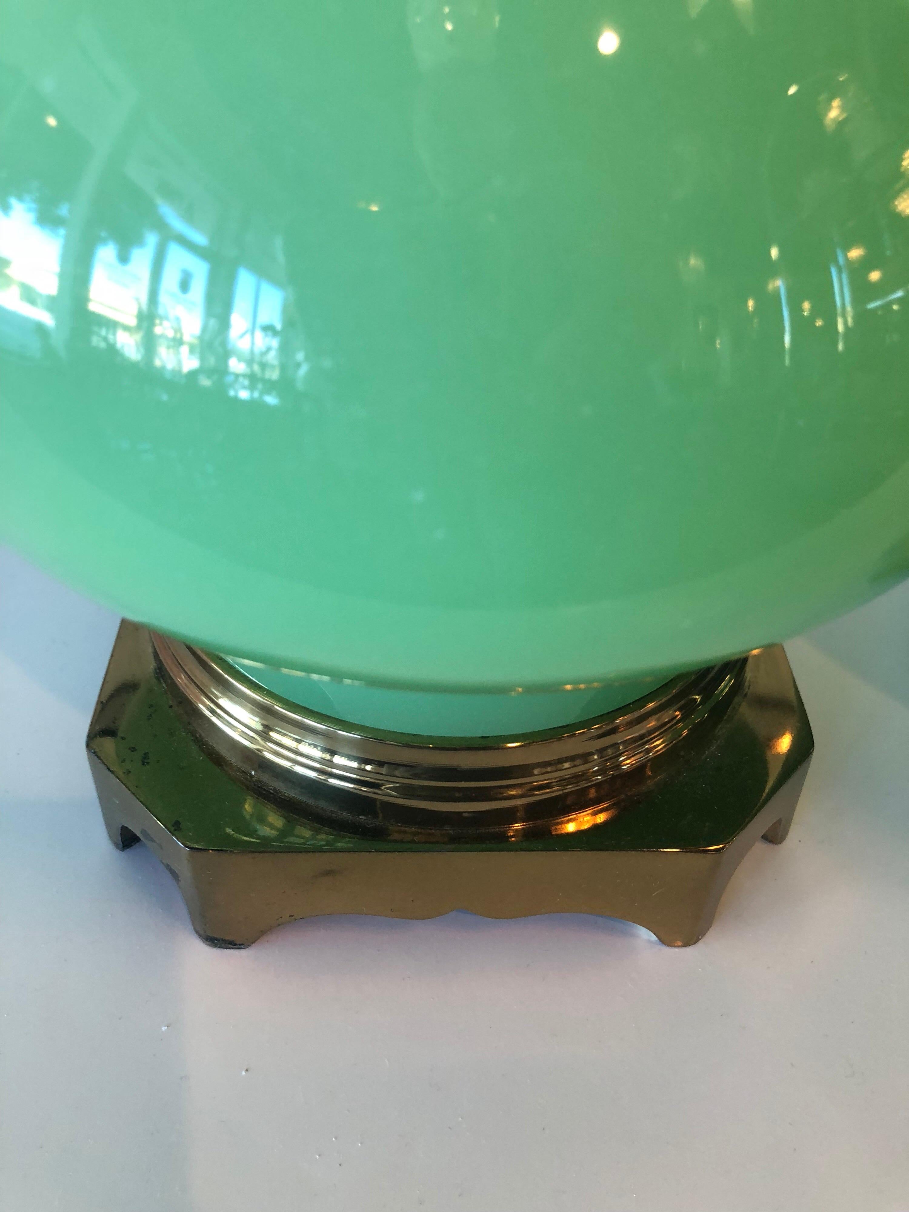Hollywood Regency Pair of Paul Hanson Jadeite Green Glass Table Lamps Brass