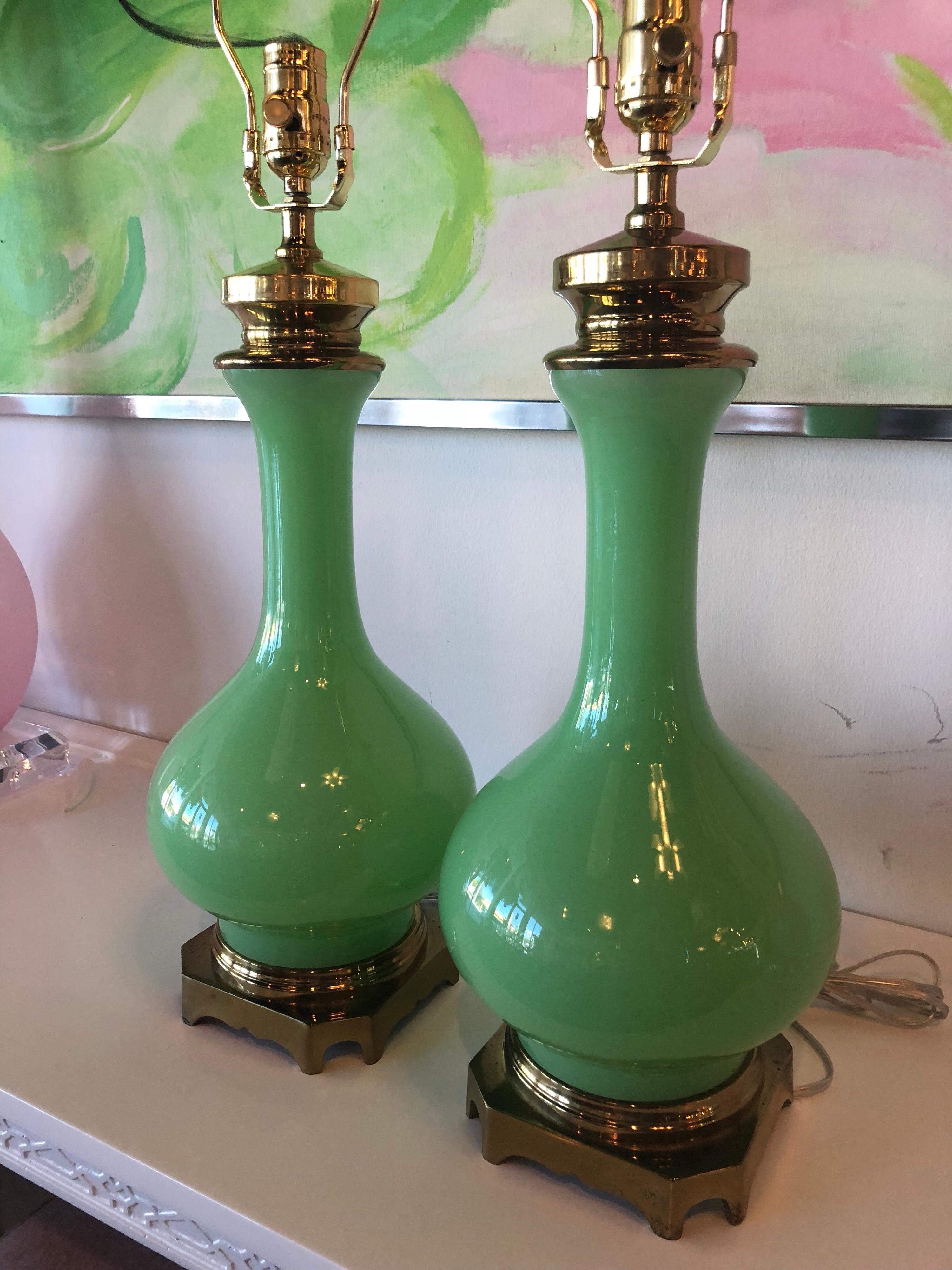 American Pair of Paul Hanson Jadeite Green Glass Table Lamps Brass