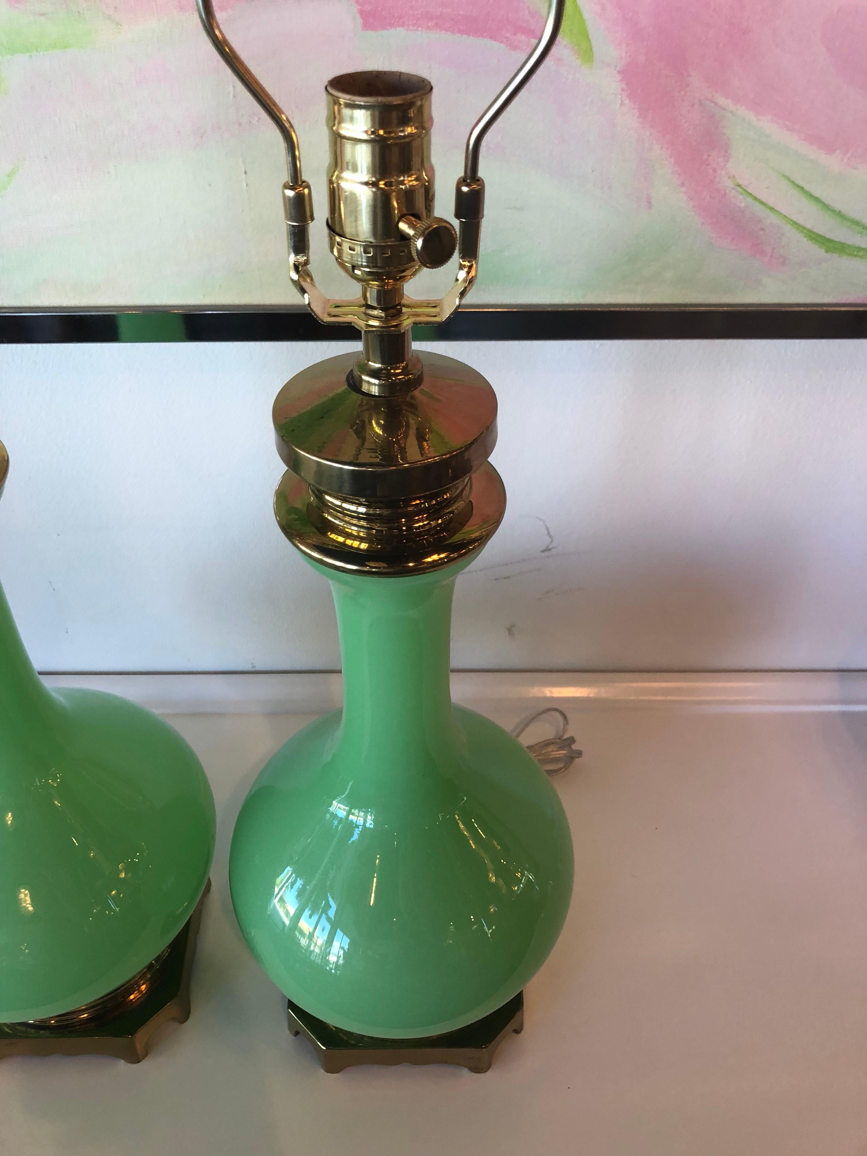 Late 20th Century Pair of Paul Hanson Jadeite Green Glass Table Lamps Brass