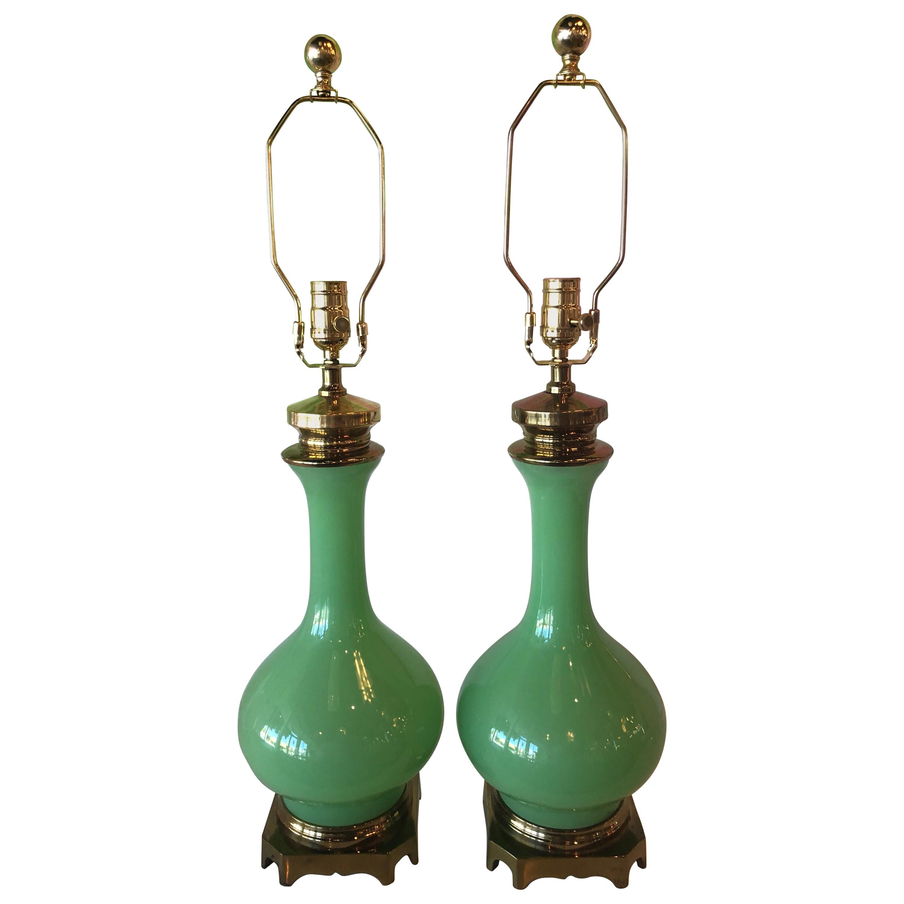 Pair of Paul Hanson Jadeite Green Glass Table Lamps Brass