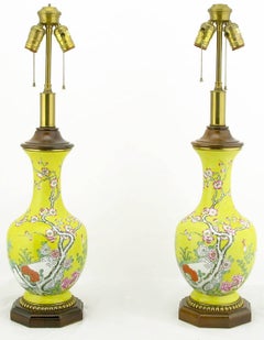 Pair of Paul Hanson Yellow Ceramic Table Lamps with Hand-Painted Cherry Blossoms