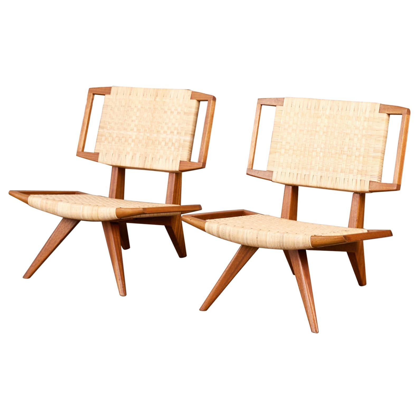 Pair of Paul Laszlo Cane Lounge Chairs