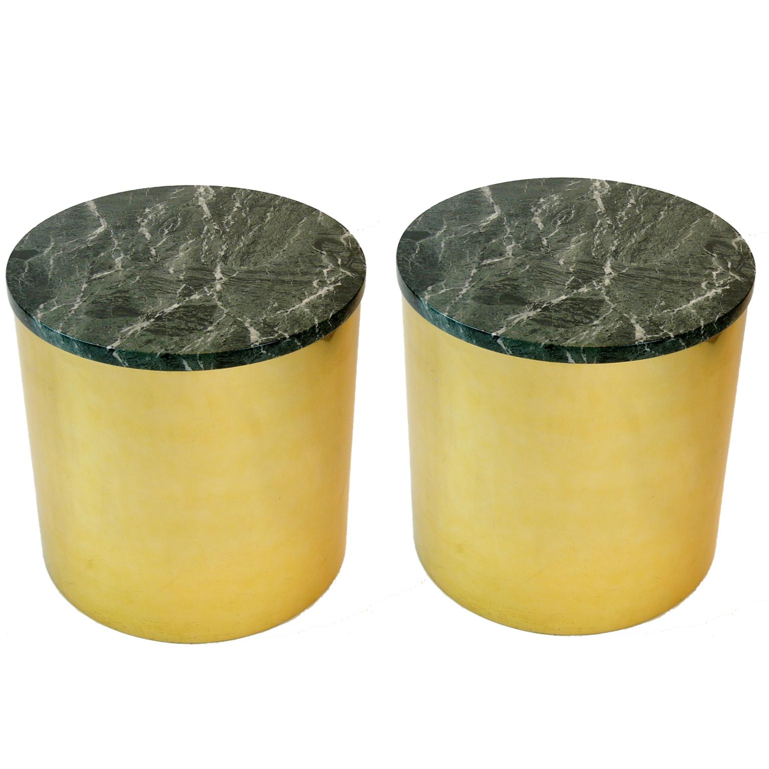 American Pair of Paul Mayen Cylindric round Brass and Green Marble End Tables