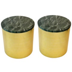 Pair of Paul Mayen Cylindric round Brass and Green Marble End Tables