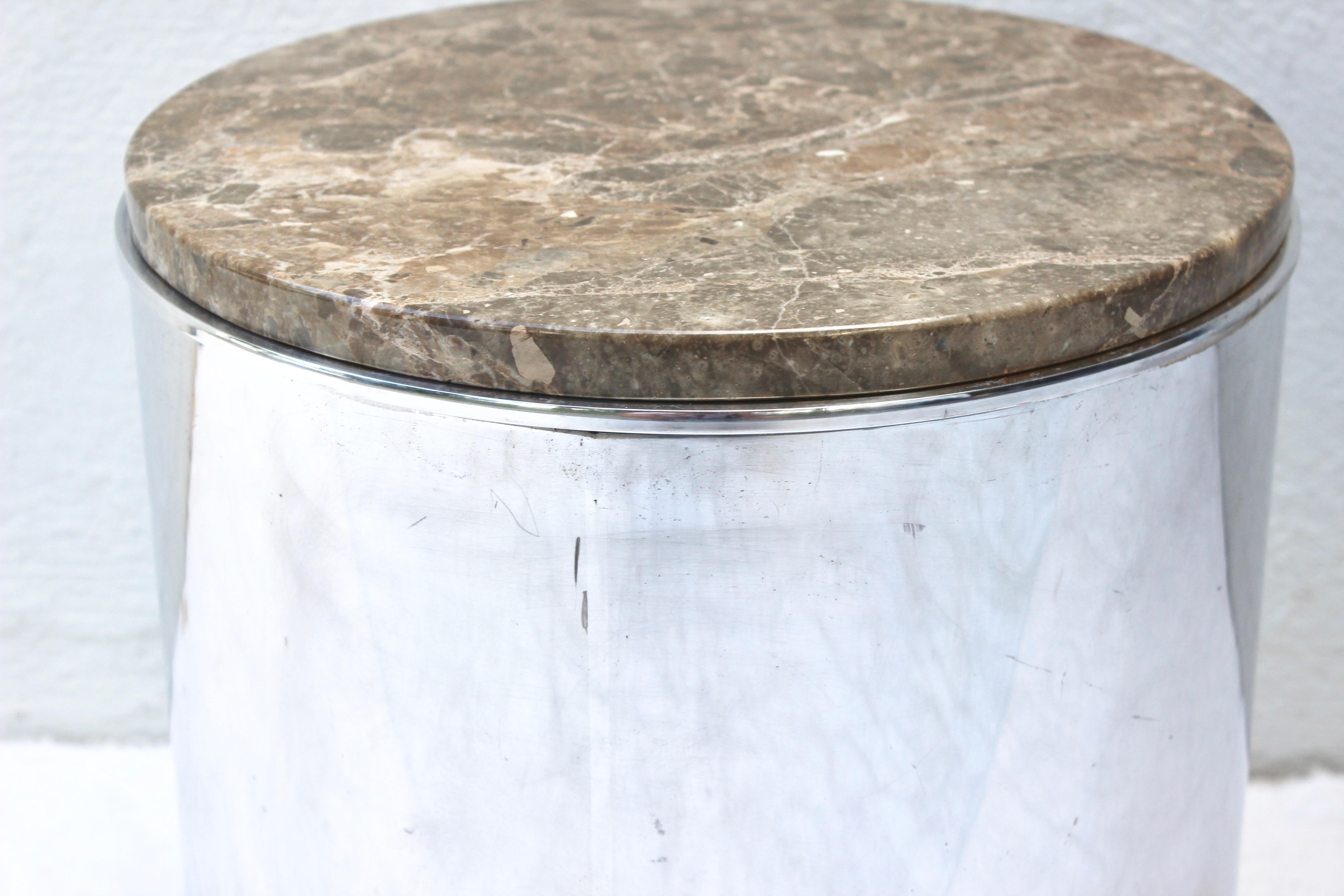 Polished steel and marble drum tables by Paul Mayen for Habitat.