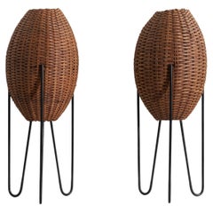 Pair of Paul Mayén, Table Lamps, Wicker, Enameled Metal, United States, c. 1965