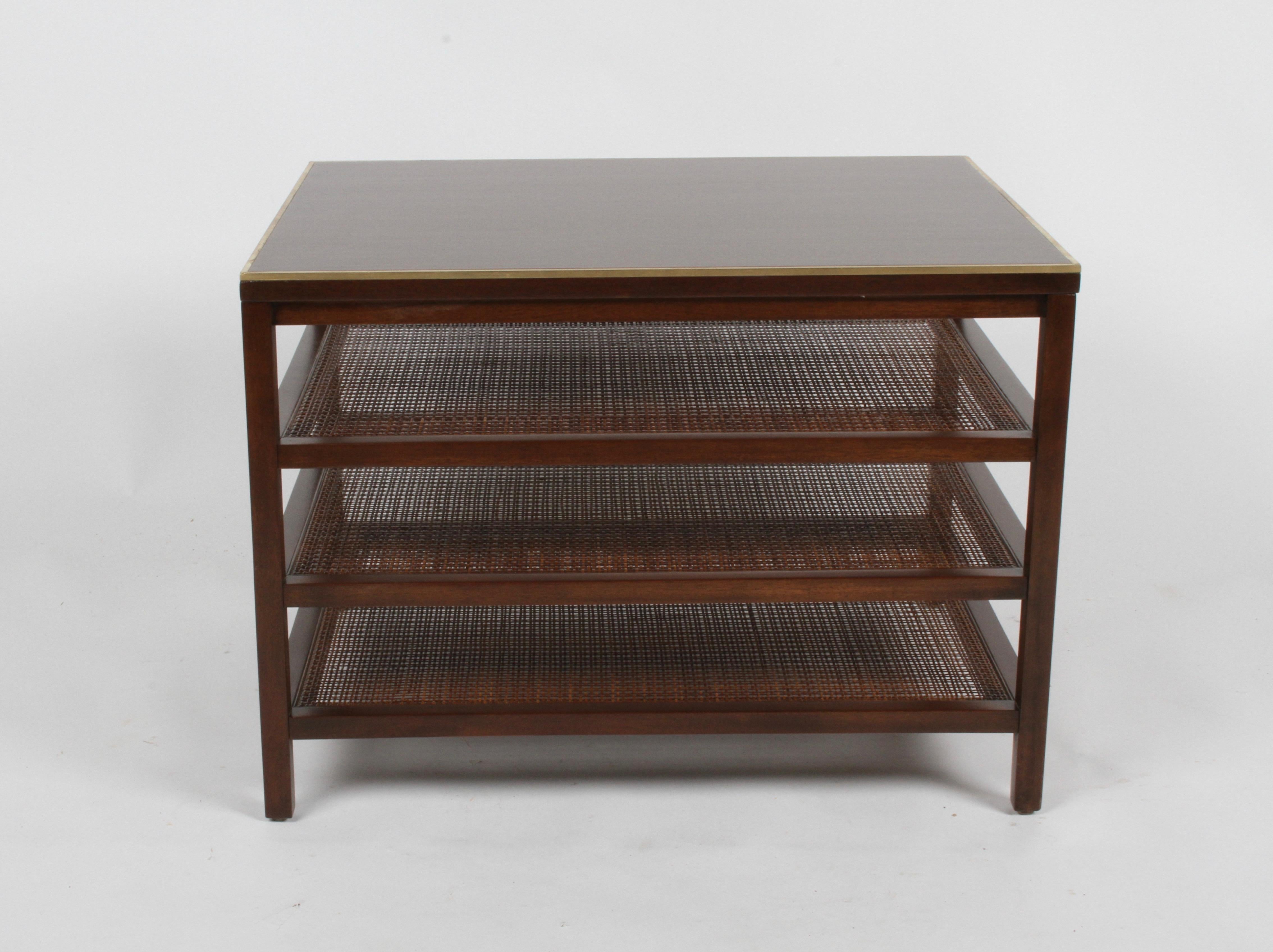 Pair of Paul McCobb 3 Tiered End Tables in Mahogany with Cane and Brass Edge 4