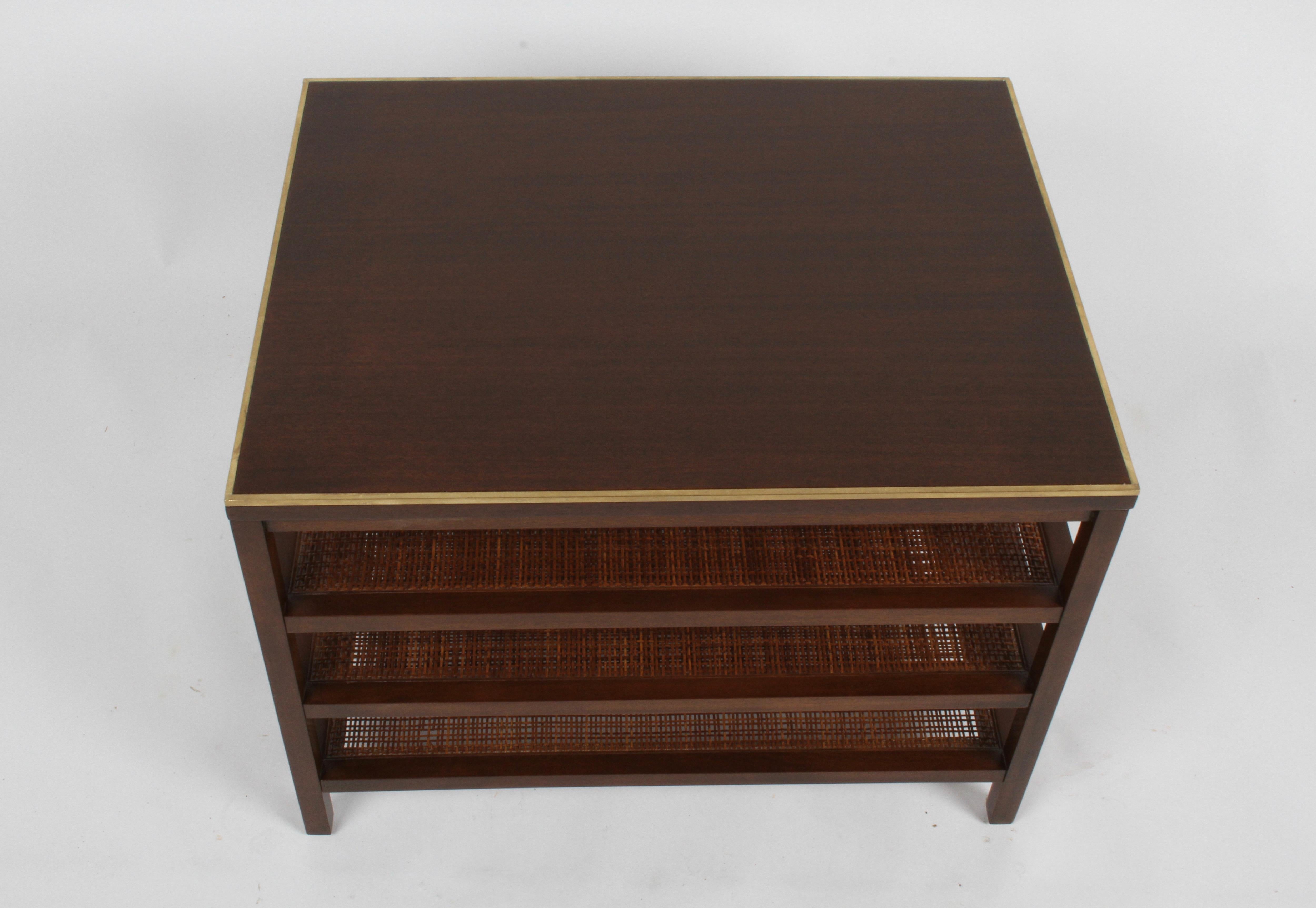 Pair of Paul McCobb 3 Tiered End Tables in Mahogany with Cane and Brass Edge 5