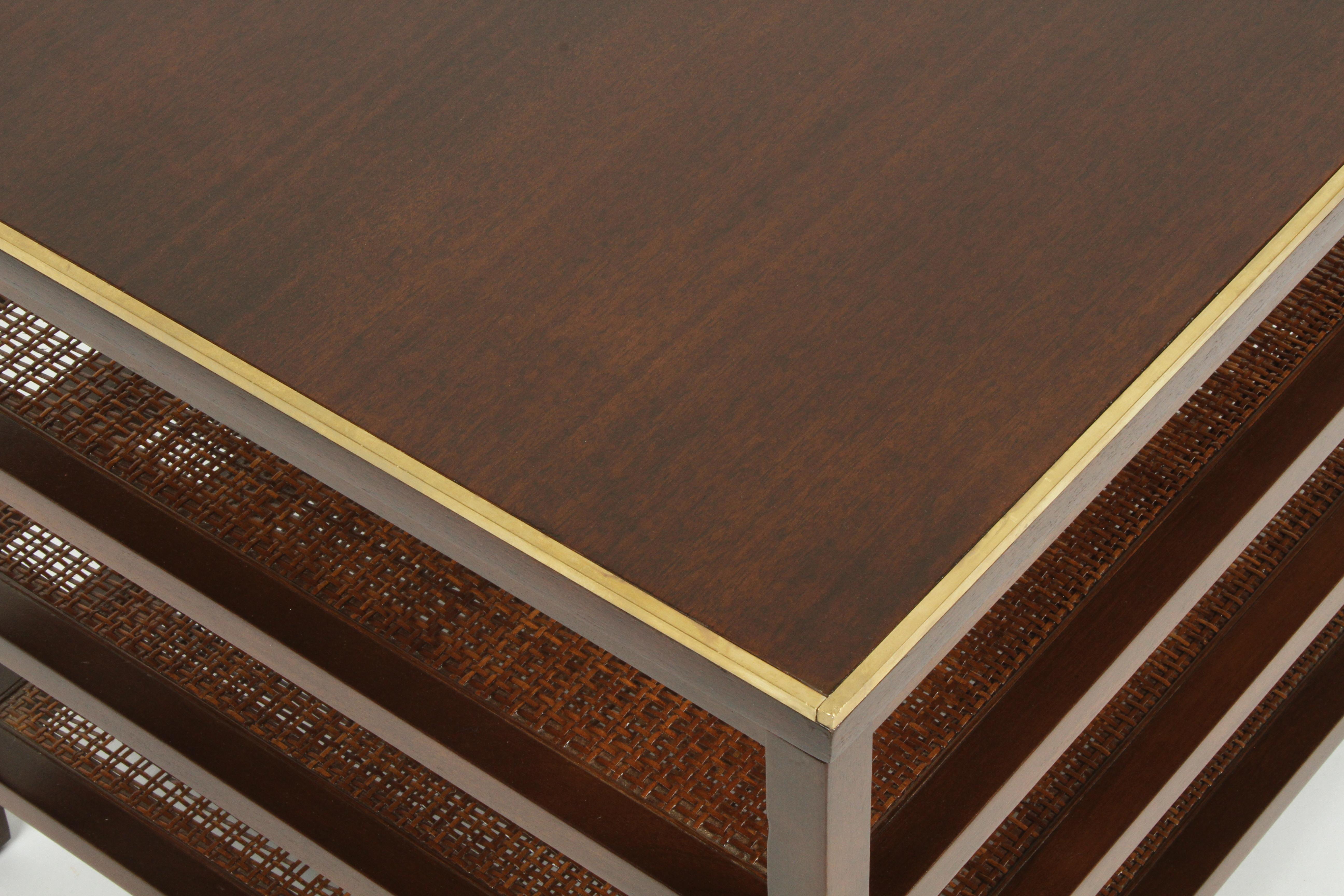 Pair of Paul McCobb 3 Tiered End Tables in Mahogany with Cane and Brass Edge 6