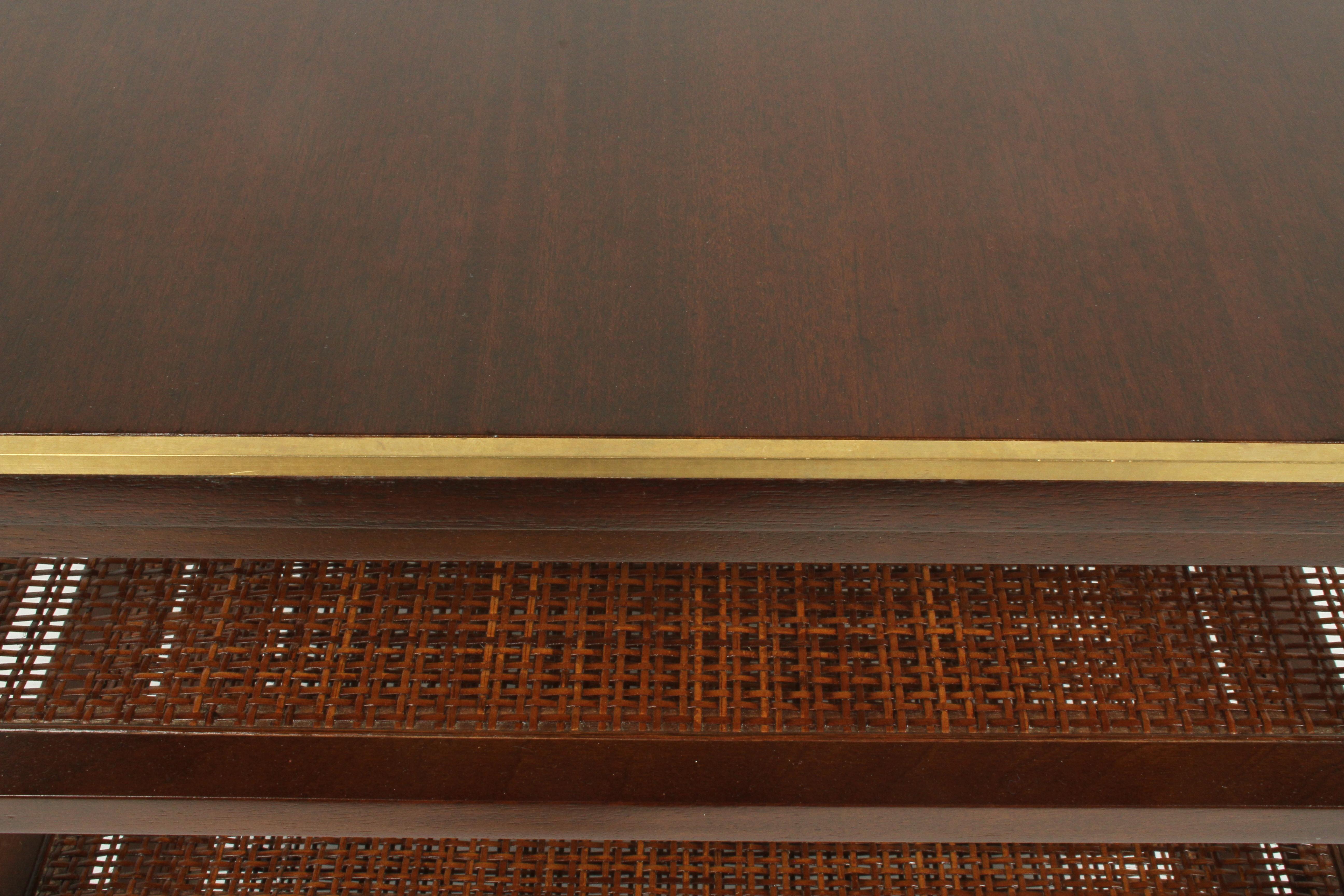 Pair of Paul McCobb 3 Tiered End Tables in Mahogany with Cane and Brass Edge 7