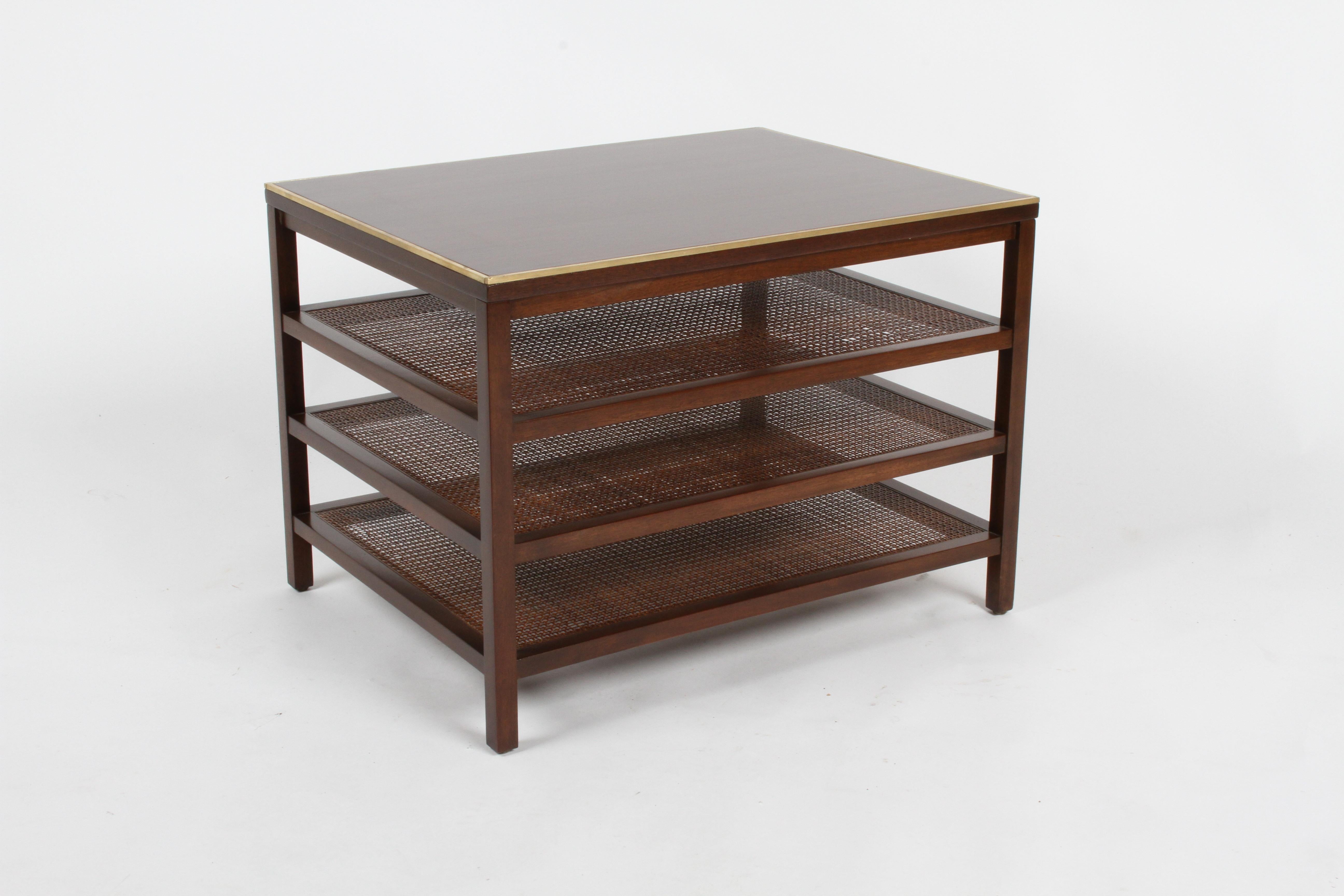 Pair of Paul McCobb 3 Tiered End Tables in Mahogany with Cane and Brass Edge 8