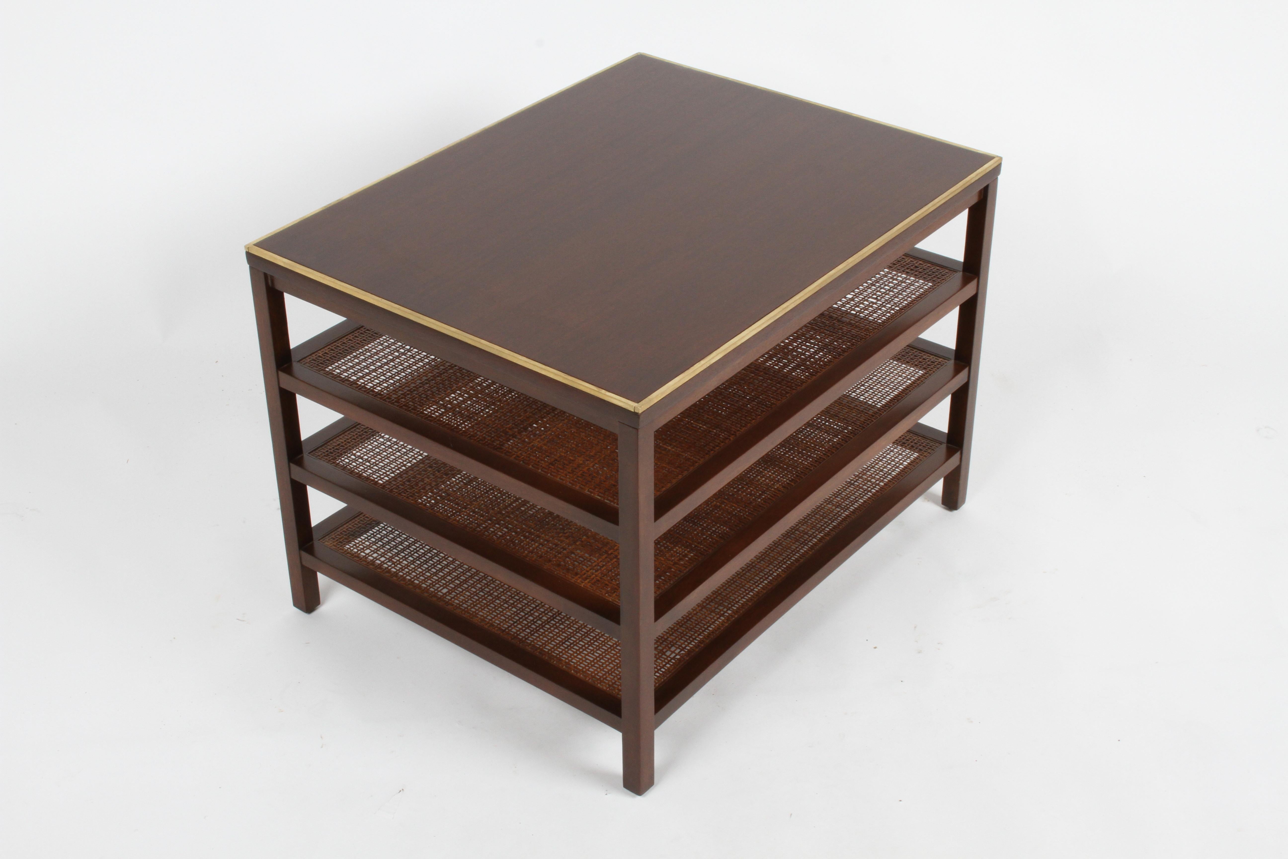 Pair of Paul McCobb 3 Tiered End Tables in Mahogany with Cane and Brass Edge 9