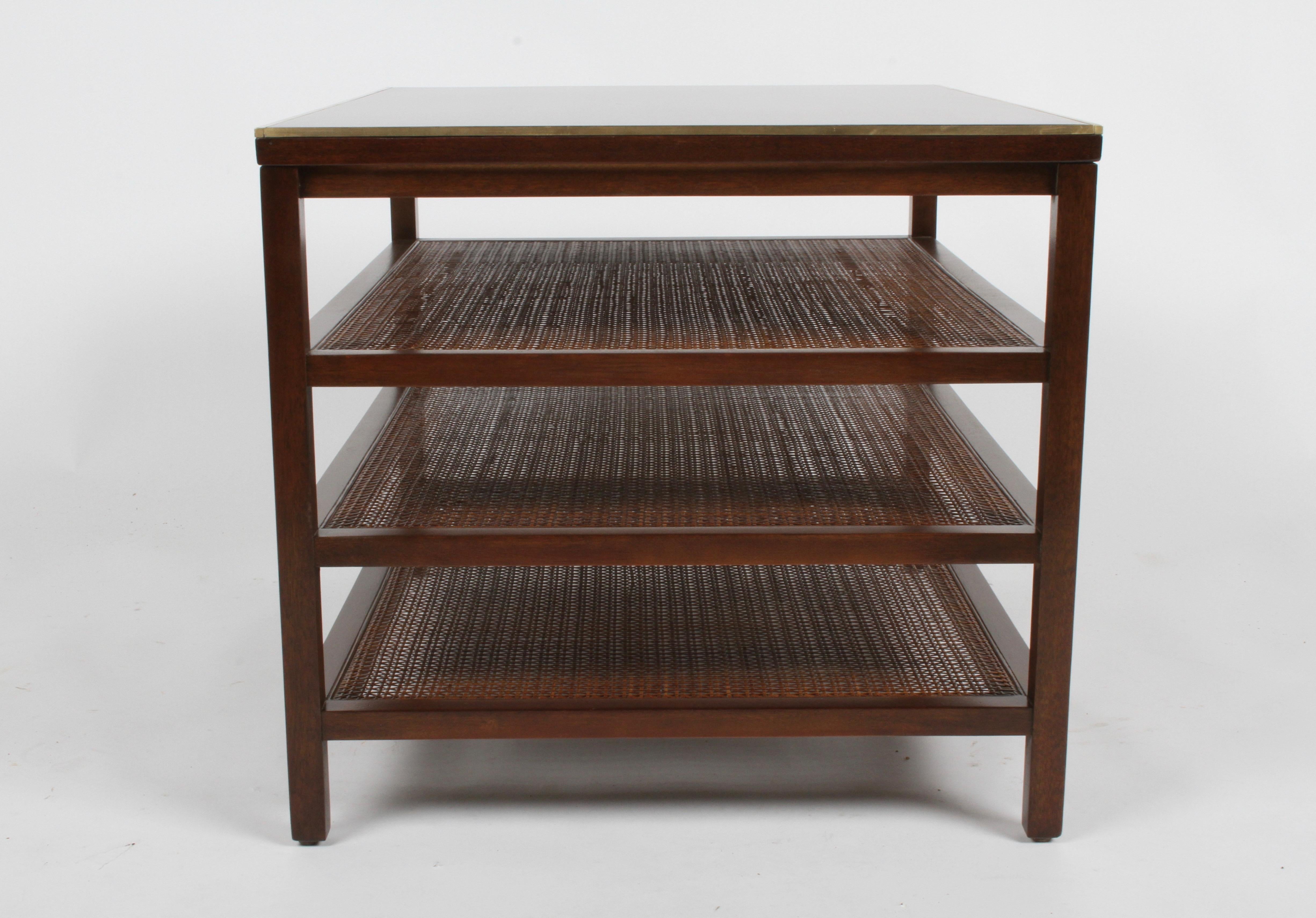 Mid-Century Modern Pair of Paul McCobb 3 Tiered End Tables in Mahogany with Cane and Brass Edge