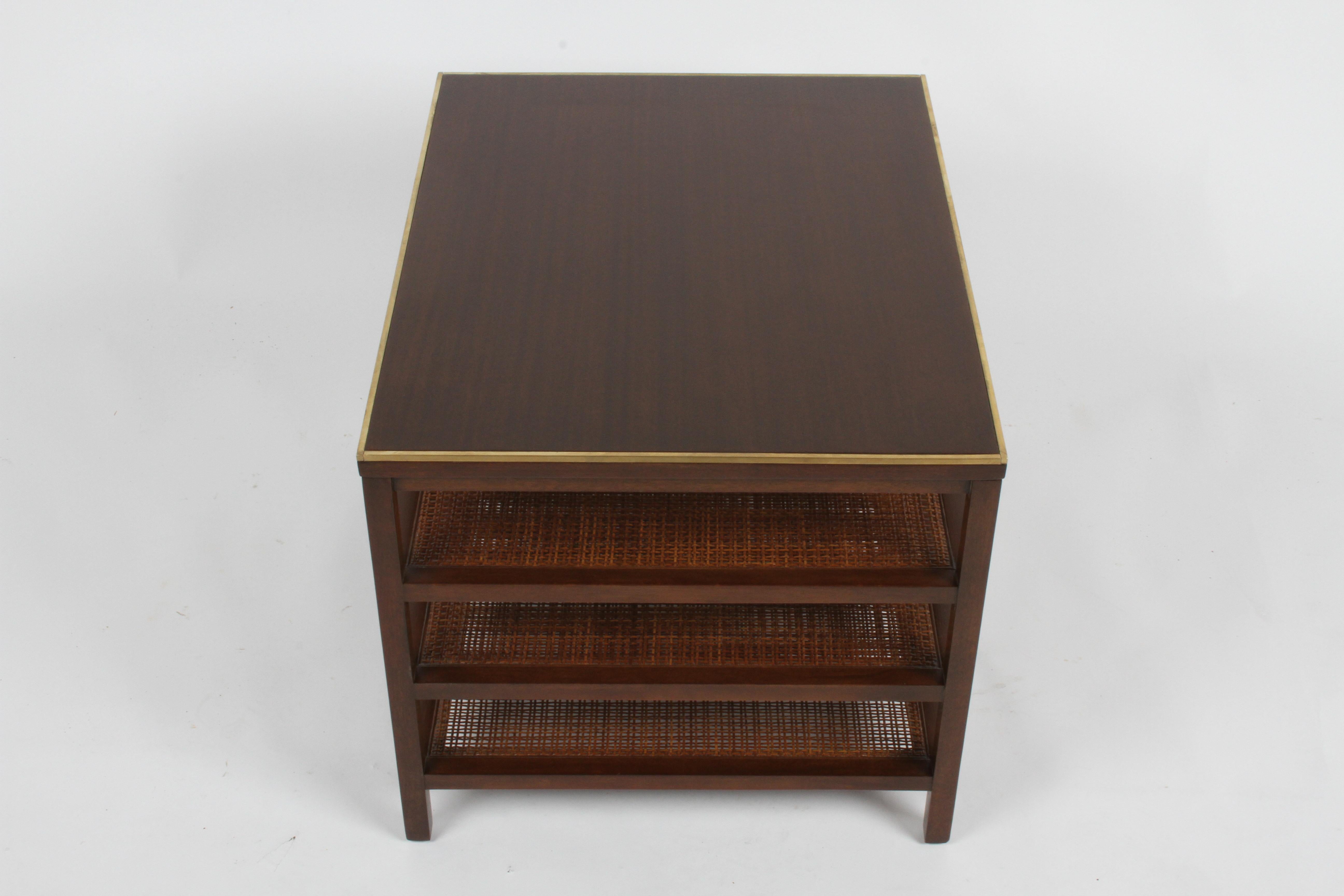 American Pair of Paul McCobb 3 Tiered End Tables in Mahogany with Cane and Brass Edge
