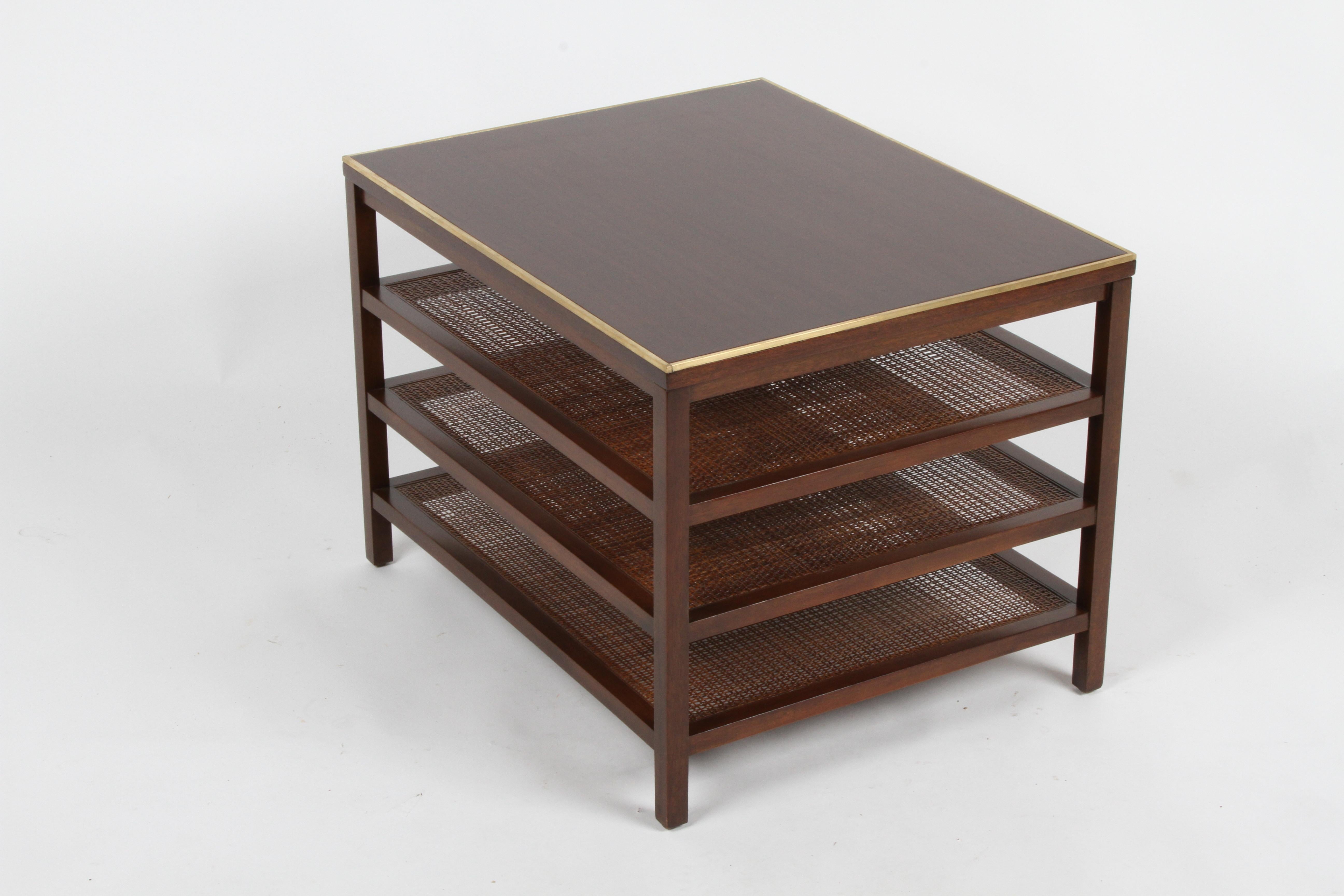 Pair of Paul McCobb 3 Tiered End Tables in Mahogany with Cane and Brass Edge In Good Condition In St. Louis, MO