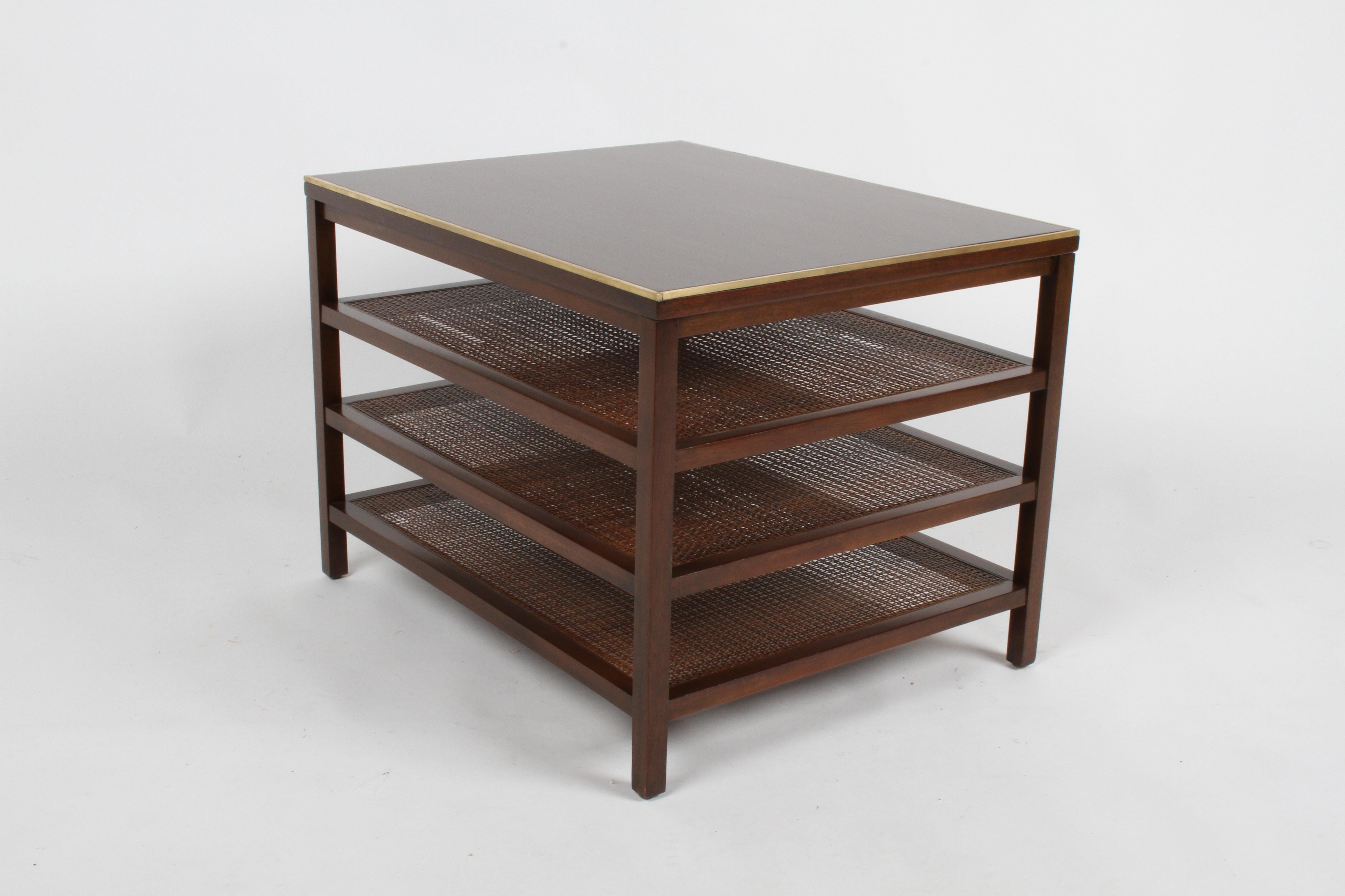 Mid-20th Century Pair of Paul McCobb 3 Tiered End Tables in Mahogany with Cane and Brass Edge
