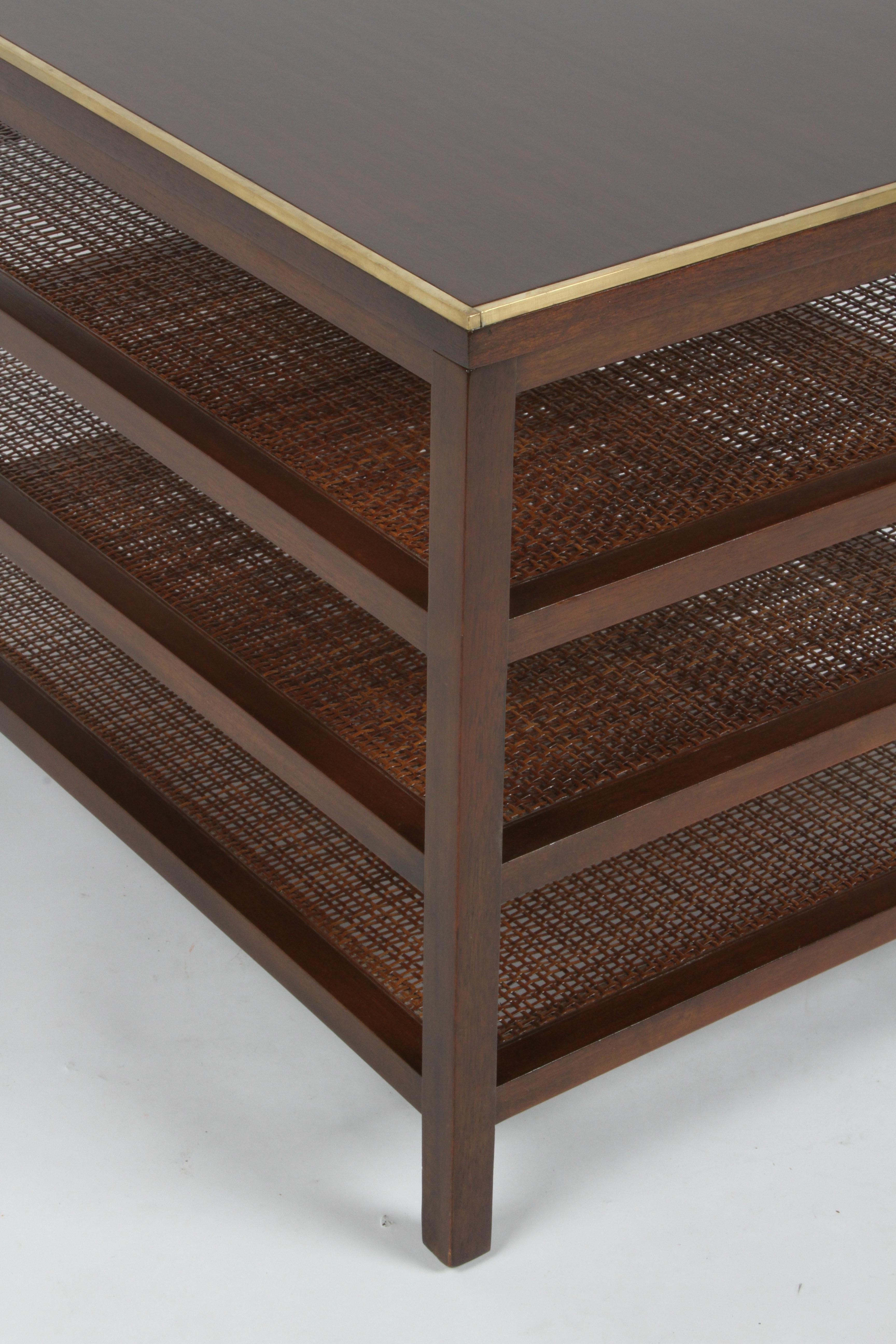Pair of Paul McCobb 3 Tiered End Tables in Mahogany with Cane and Brass Edge 1