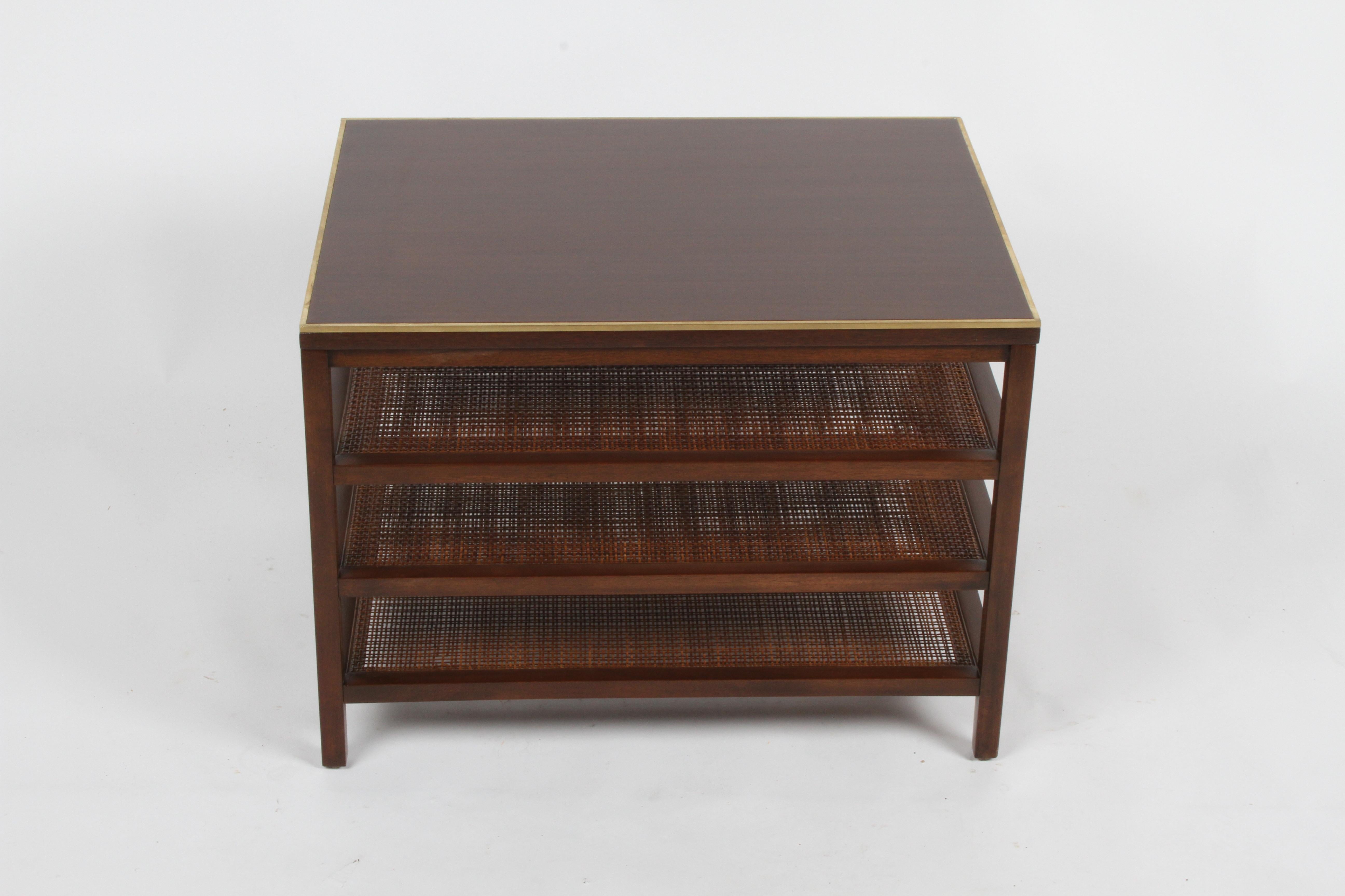 Pair of Paul McCobb 3 Tiered End Tables in Mahogany with Cane and Brass Edge 2