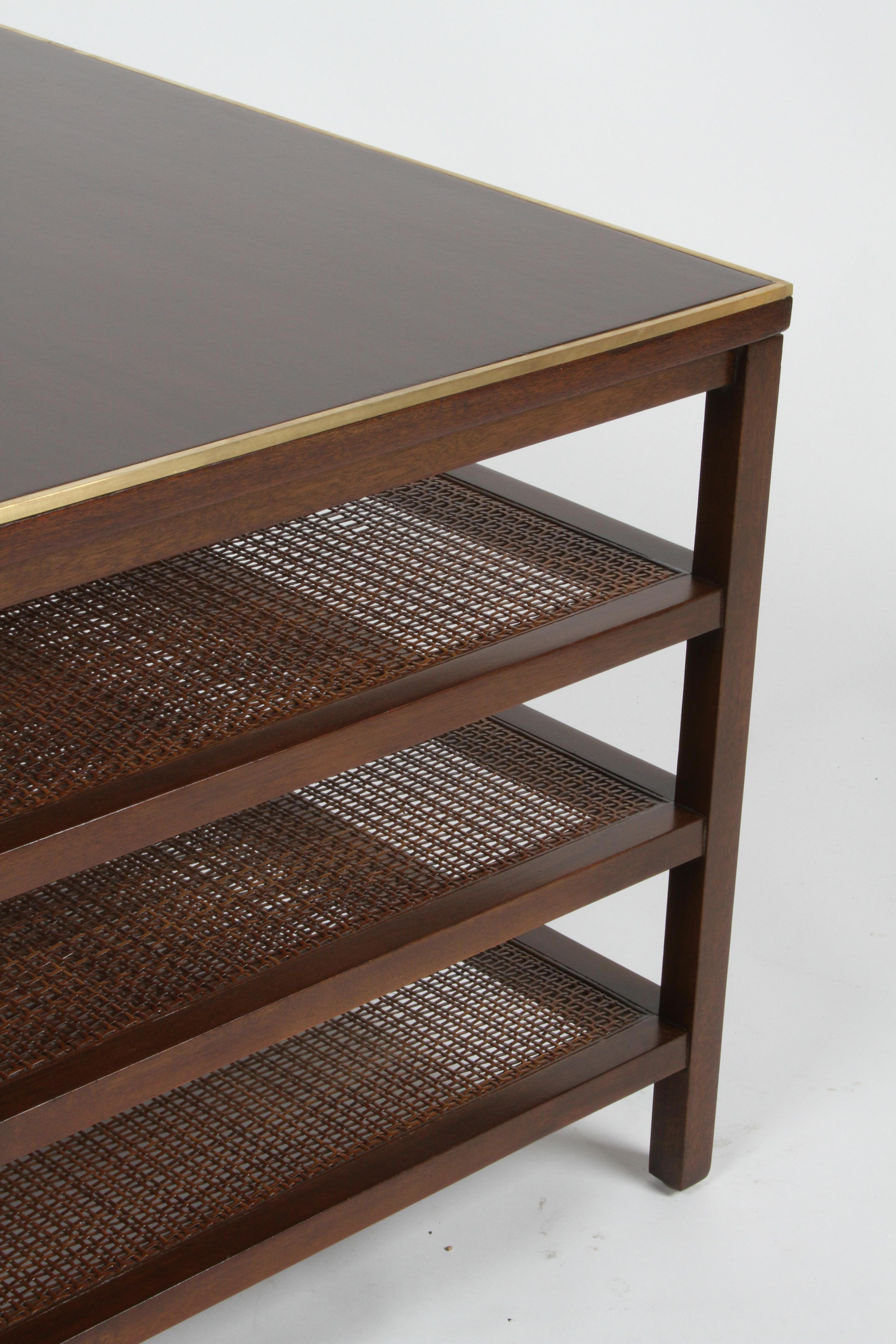 Pair of Paul McCobb 3 Tiered End Tables in Mahogany with Cane and Brass Edge 3